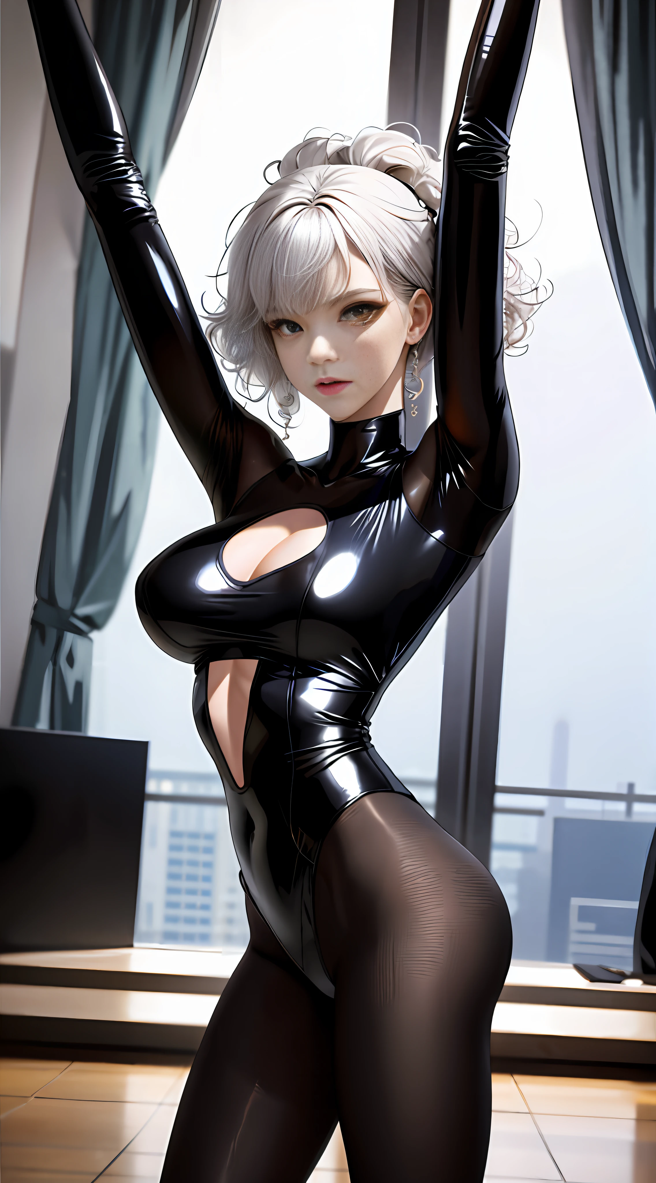 Dancer, vigorous figure, straight chest, tall, long legs, thin and transparent tights, {{huge_breast}}, {{latex}}, {{glossy}}, {slim}, fair skin, {black_stockings}, supreme detail, slightly curly hair, long bangs, white hair, open clothes, dance practice room, pole dancing, enchanting dance, flying hair