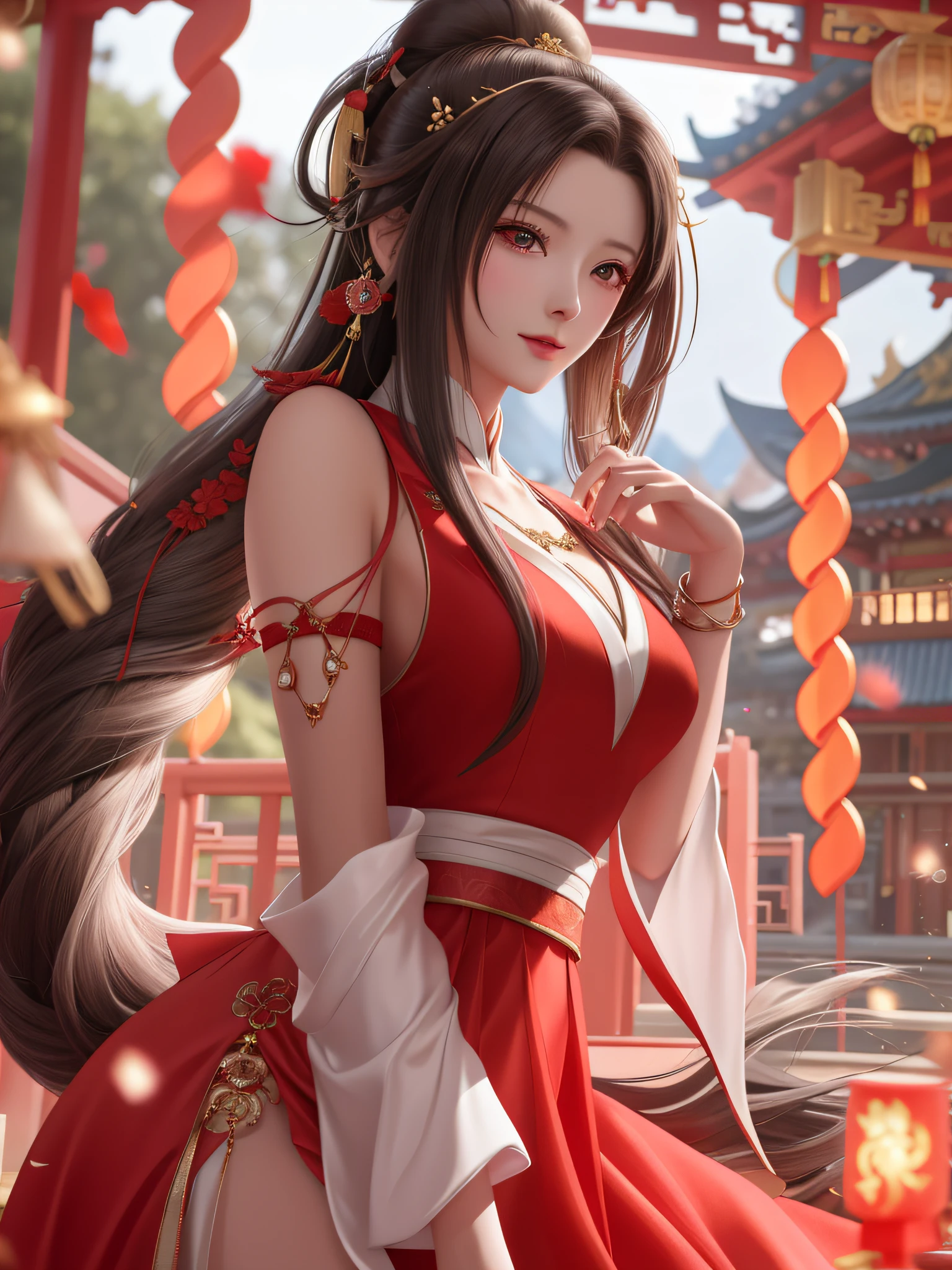 Close-up of a woman in a red dress posing for a photo, popular on cgstation, beautiful seductive anime woman, by Yang J, beautiful character painting, trend in cgstation, palace, a girl in Hanfu, anime girl with long hair, beautiful anime woman, chinese style, chinese girl, guvez, beautiful anime girl, 8k, ultra clear, exquisite