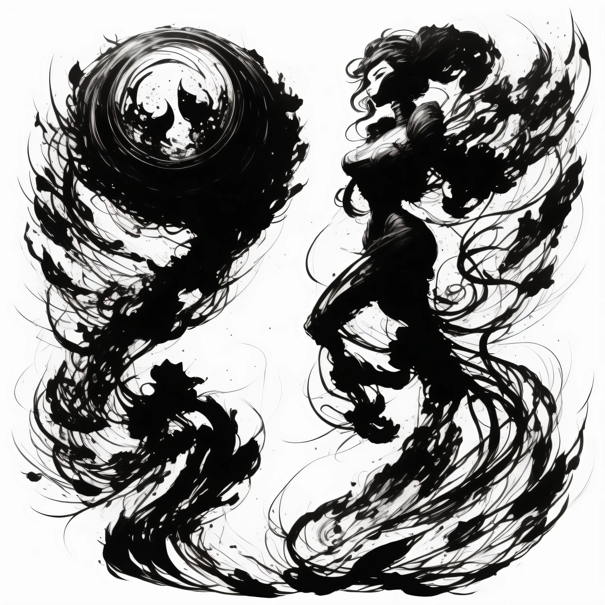 Ink drawing of a beholder, side profile, moden ao Dai, full body, Peter Draws, digital illustration, comic style, black and white contrast, perfect anatomy, centered, dynamic, detailed, watercolor painting, artstation, concept art, soft focus, sharp, illustration, art by Carne Griffiths and Wadim Kashin,