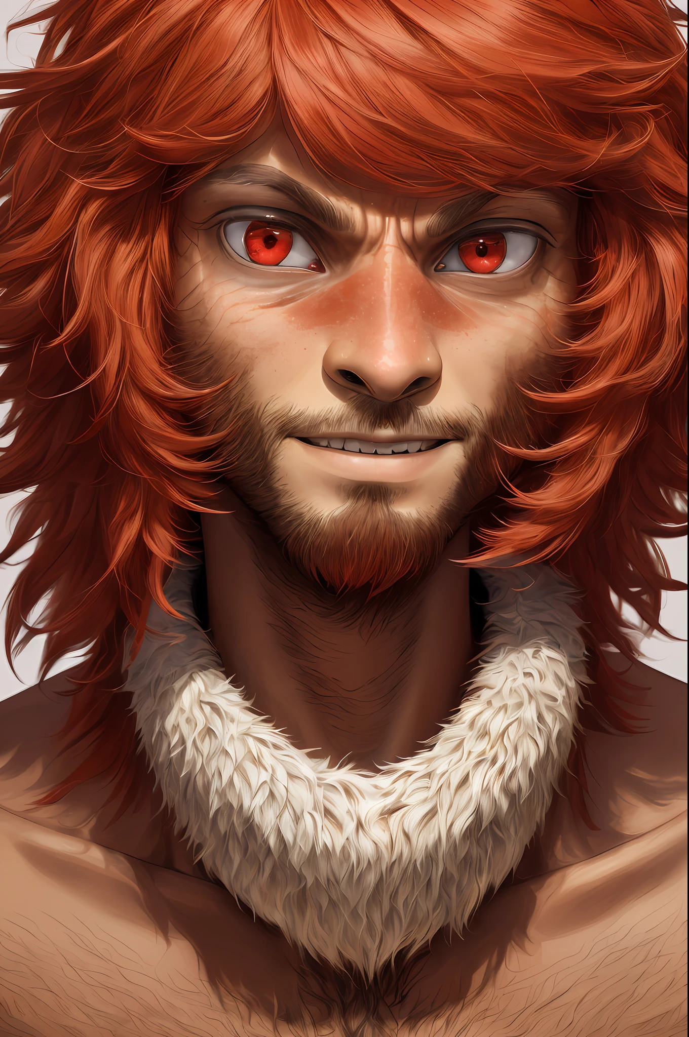 (alien humanoid:1.4), (Anthropomorphic:1.3), (humanoid features:1.3), (animalistic features:0.6), high res, (detailed realistic image:1.4), (detailed eyes, beautiful expressive eyes, red eyes:1.2), impaste impressionism, insane details, wolf, soft, (hyper-realistic skin:1.3), (detailed skin:1.2), pupils, (body covered in hair:1.2), (male:1), (canine features:0.5), (expressive face, detailed face, Guará wolf:1.3), (realistic:1.3), (photorealistic, photo-realistic:1.2), colorful, (3d:1), (highly detailed:1.2), masterpiece, 8k uhd, (seductive, bedroom eyes, seductive smile:1.2), (bedroom background), cinematic lighting, (looking at the viewer), (collar:1), (first-person view), (red hair, shaggy hair:1.3), (tanned colored skin:1.3),, (canine teeth:0.8), (full-body portrait:1.3), (athletic:1), (slightly chubby:0.8), male, (naked)