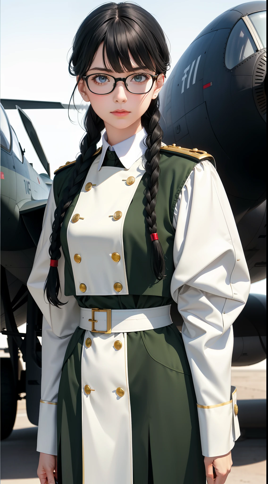 Modest outfit, remote shot, detailed beautiful delicate face, detailed beautiful delicate eyes, perfect facial proportions, high-definition skin, fine skin, four-inch best ratio. With one thumb, a masterpiece, highly detailed, realistic, (World War II German general uniform reference : 1.8), the highest face resolution, adult, modestly dressed woman, dressed entirely, ( small, black hair, black straight bangs, super fine braids, straight bangs, red glasses, dark green eyes), future, science fiction, fighter plane, standing On the landing of a fighter plane, the government agency, a deep intelligent personality, a calm expression, a respectful face, a war, a fighter plane
