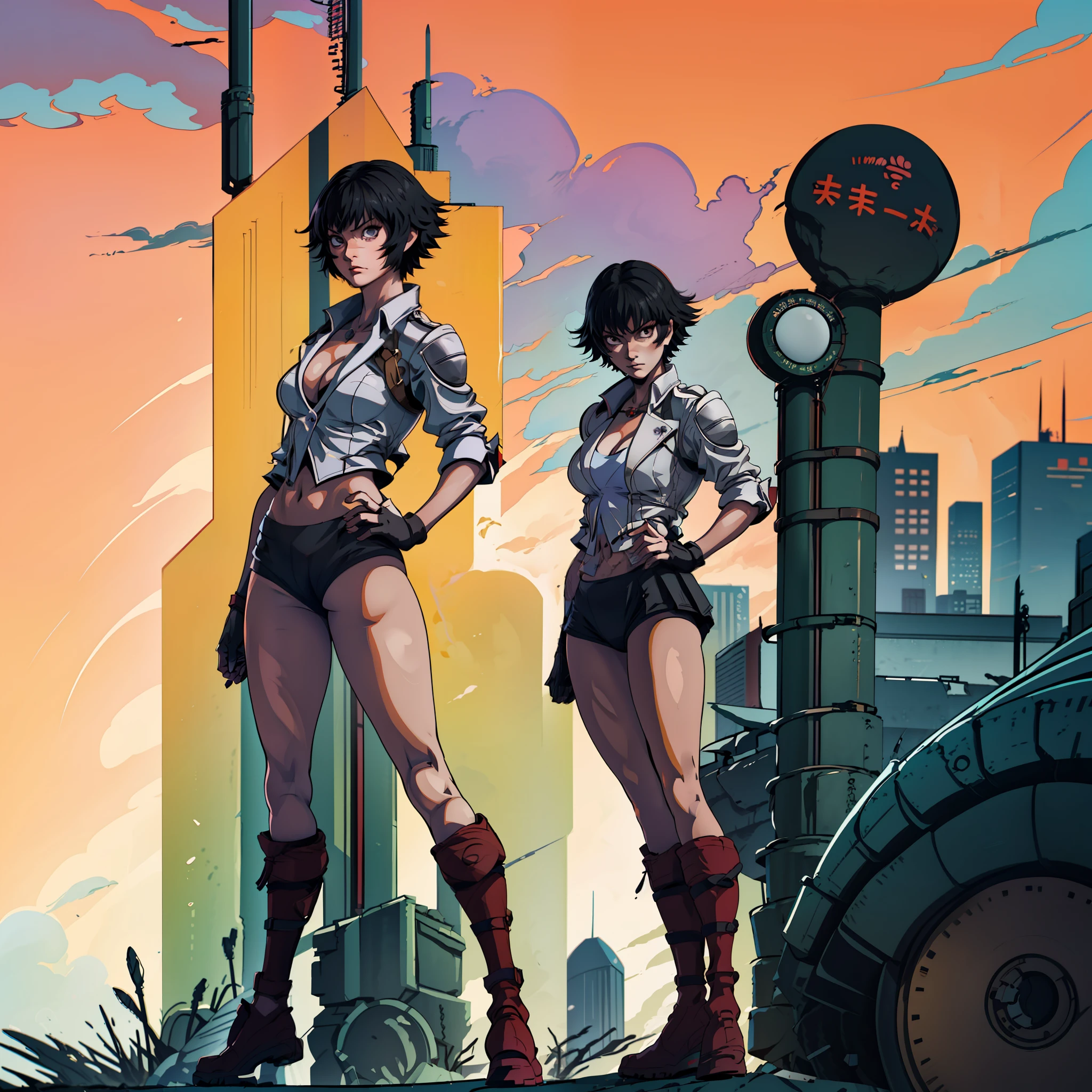 Yusuke Murata's style, A closeup of a woman wearing sexy uniform, Lady, DMC, Devil may cry, action poses and sensual poses, sexy poses, woman with short black hair, fit body, gynoid body, perfect body, fit body, abdomen, big breasts, chubby butt, prancing ass, plump butt, detailed art in sensual style, Oppai proportions, official character art, uniform, full body concept, (best quality, masterpiece) a cute chibi girl,