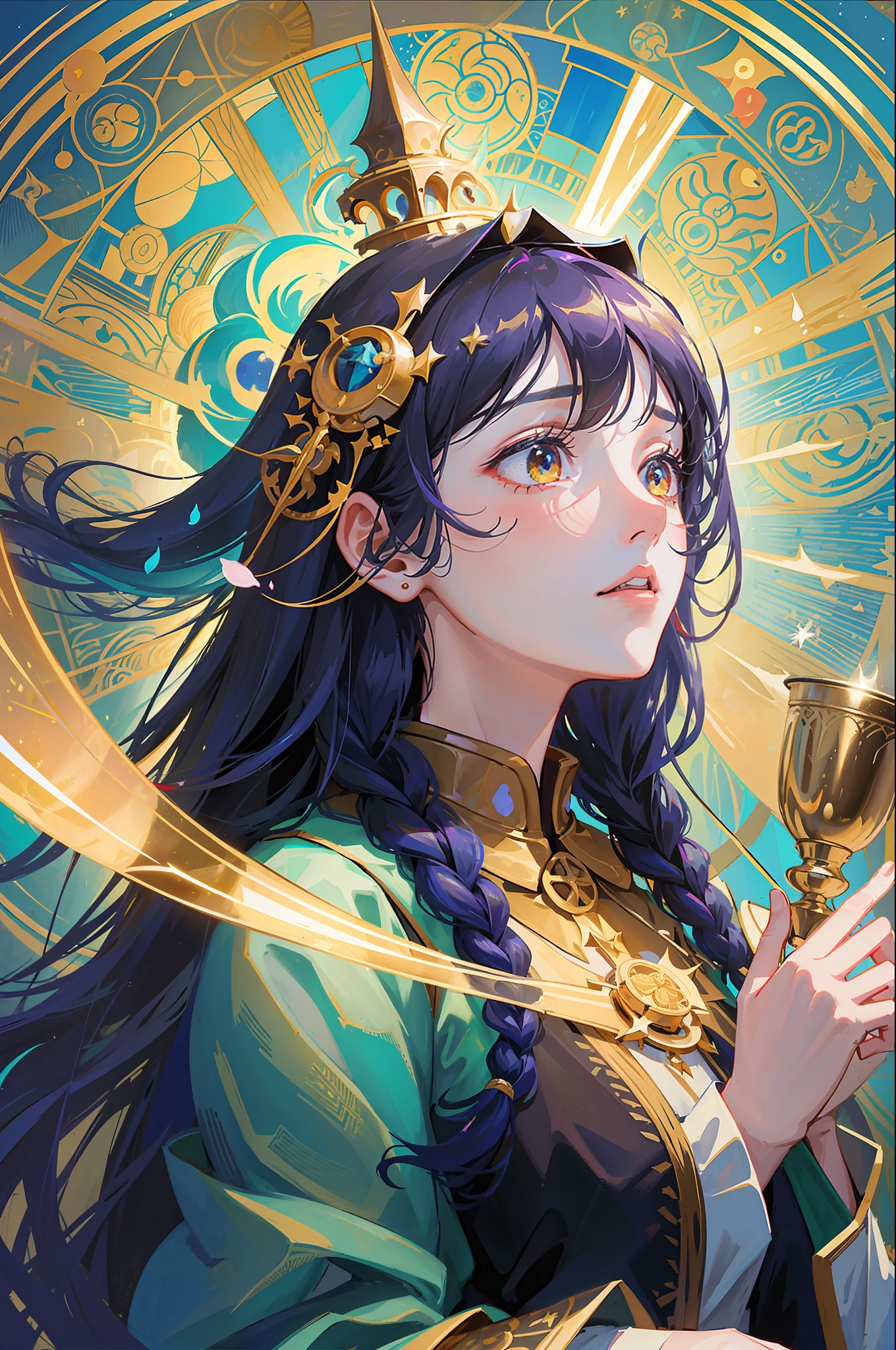 (masterpiece, top quality, best quality, official art, beautiful and aesthetic:1.2), (1girl:1.3), long hair, braid sidelocks, extremely detailed, (style-swirlmagic:1.0), portrait, looking down, solo, (full body:0.6), detailed background, detailed face, holy oracle, zealous fury, veiled, black pentagram symbols, headdress, giving blessing, church, (candelabra:0.8), stained glass, floating particles, sacred texts, swirling lights emanating, urn, chalice, holy water, petals, medieval high fantasy style, gold, reflections,