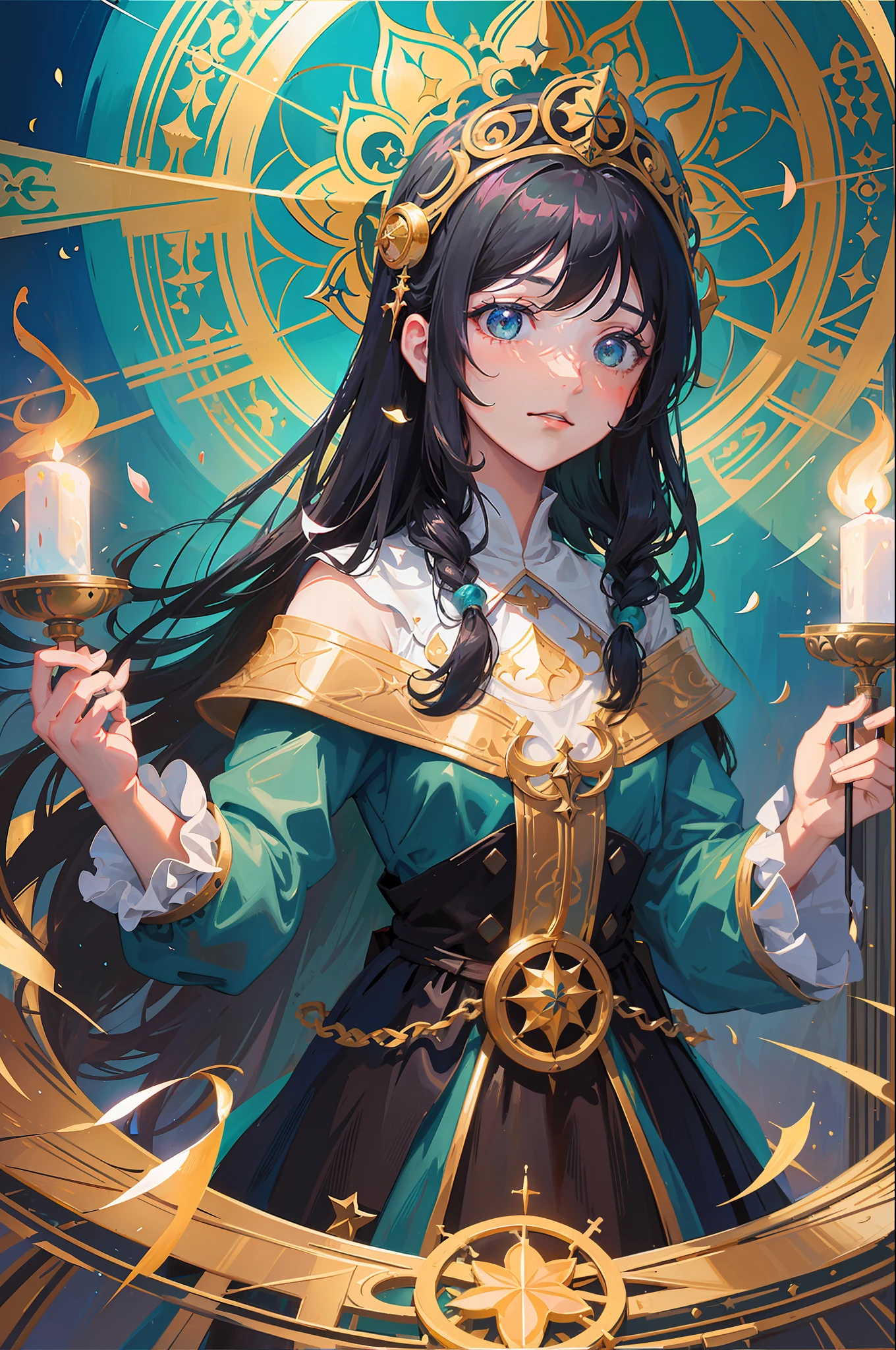 (masterpiece, top quality, best quality, official art, beautiful and aesthetic:1.2), (1girl:1.3), long hair, braid sidelocks, extremely detailed, (style-swirlmagic:1.0), portrait, looking down, solo, (full body:0.6), detailed background, detailed face, holy oracle, zealous fury, veiled, black pentagram symbols, headdress, giving blessing, church, (candelabra:0.8), stained glass, floating particles, sacred texts, swirling lights emanating, urn, chalice, holy water, petals, medieval high fantasy style, gold, reflections,