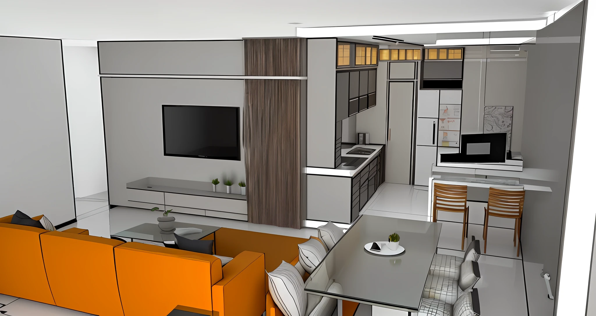 a rendering of a living room with a couch, table, and television, apartment design, 3 d concept, 3d concept, concept house, 3d rendering, 3 d rendering, 3 d design, 3d design, 3 d - concept, residential design, interior living room, sketch - up, 3 d renders, render 3 d, realistic concept, interior design