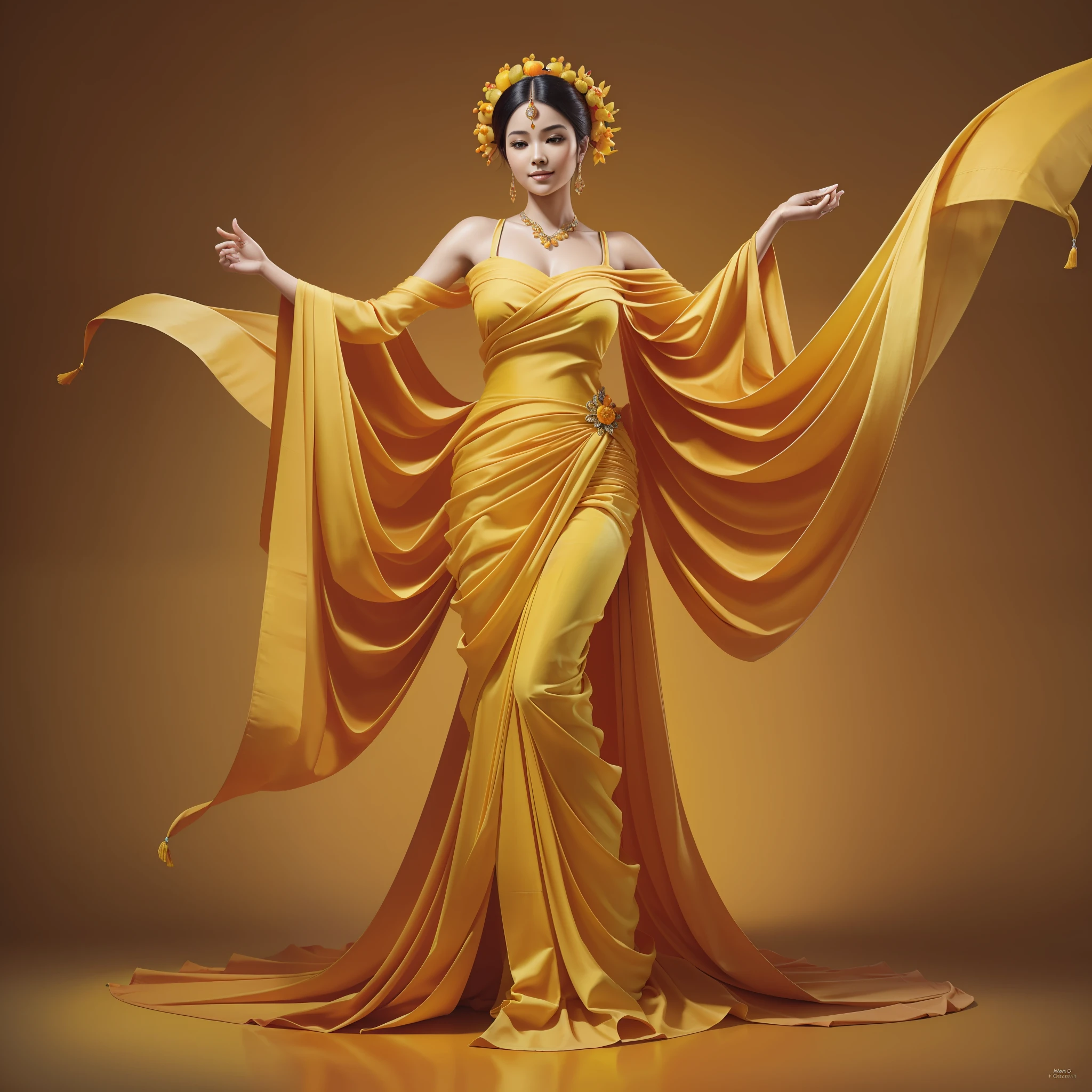 ((portrait, realistic, detailed, high quality), a humanoid figure with a vibrant orange and yellow mango-inspired color scheme, dressed in a flowing, draped garment reminiscent of the mango fruit's shape, standing gracefully with an elegant pose, radiating a warm and cheerful energy)