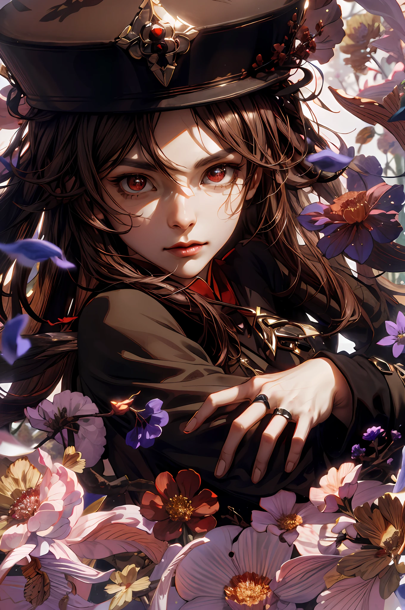 (absurdres, highres, ultra detailed), 1woman, finely detailed eyes and detailed face, extremely detailed CG unity 8k wallpaper, intricate details, solo, upper body, detailed background, close up, detailed face, dynamic pose, epic ethereal atmosphere, portrait, ((masterpiece)), surrounded by dried flowers, dried flowers everywhere, long brown hair, red eyes, brown chinese jacket with long sleeves, brown hat, black shorts, white socks