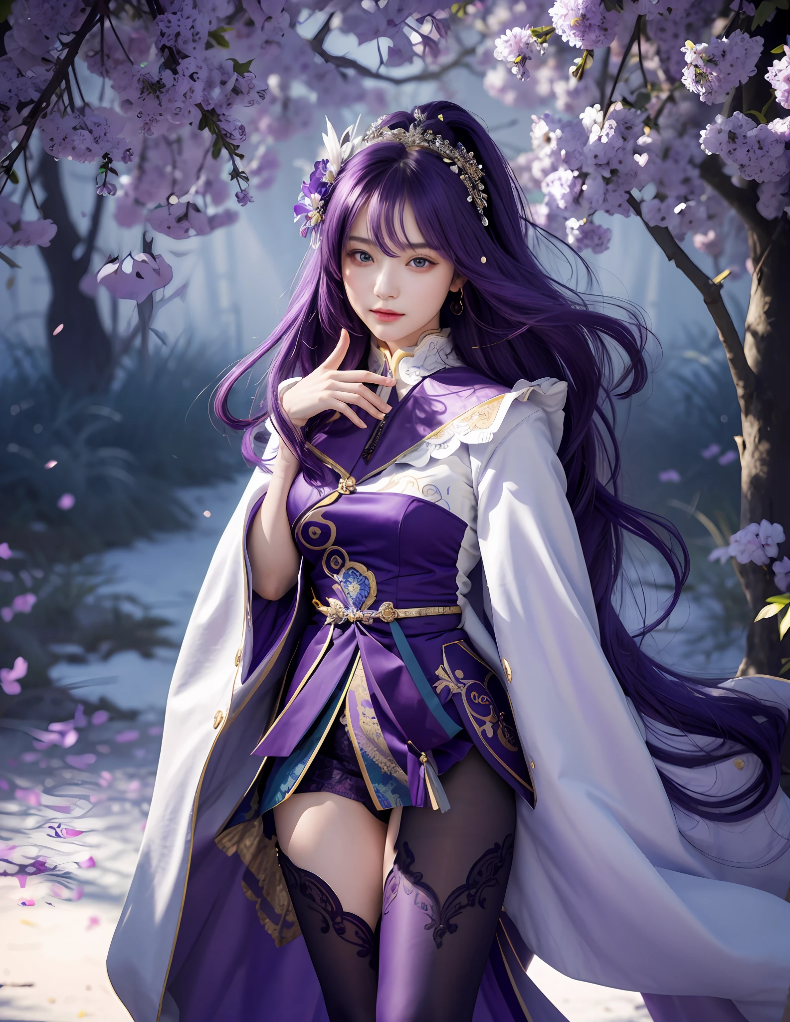 Best Quality, Masterpiece, Ultra High Resolution, (Realistic: 1.4), Original Photo, Side Light, Fine Beautiful Eyes: 1.2, Masterpiece* Portrait, Realism, Genshin, 1 Girl, Ultra Detailed, Purple Hair, Purple Clothes, Purple Stockings