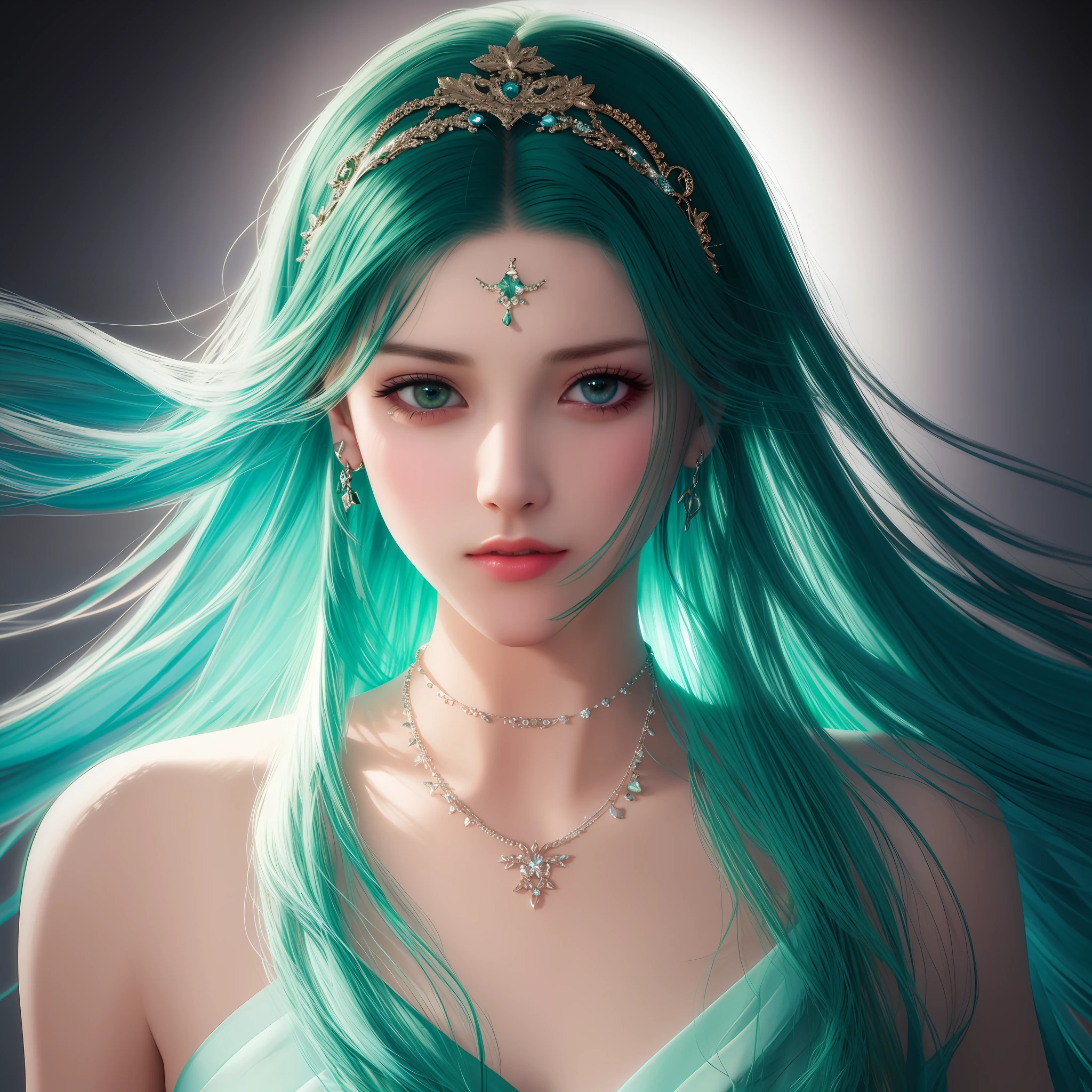 Best Quality, Masterpiece, High Resolution, 1Girl, Porcelain Dress, Green Hair, Hair Accessories, Necklaces, Jewelry, Beautiful Face, Body, Tyndall Effect, Realistic, Dark Studio, Edge Lighting, Two-tone Lighting, (High Detail Skin: 1.2), 8K UHD, DSLR, Soft Light, High Quality, Volumetric Light, Voyeur, Photo, High Resolution, 4K, 8K, Background Blur