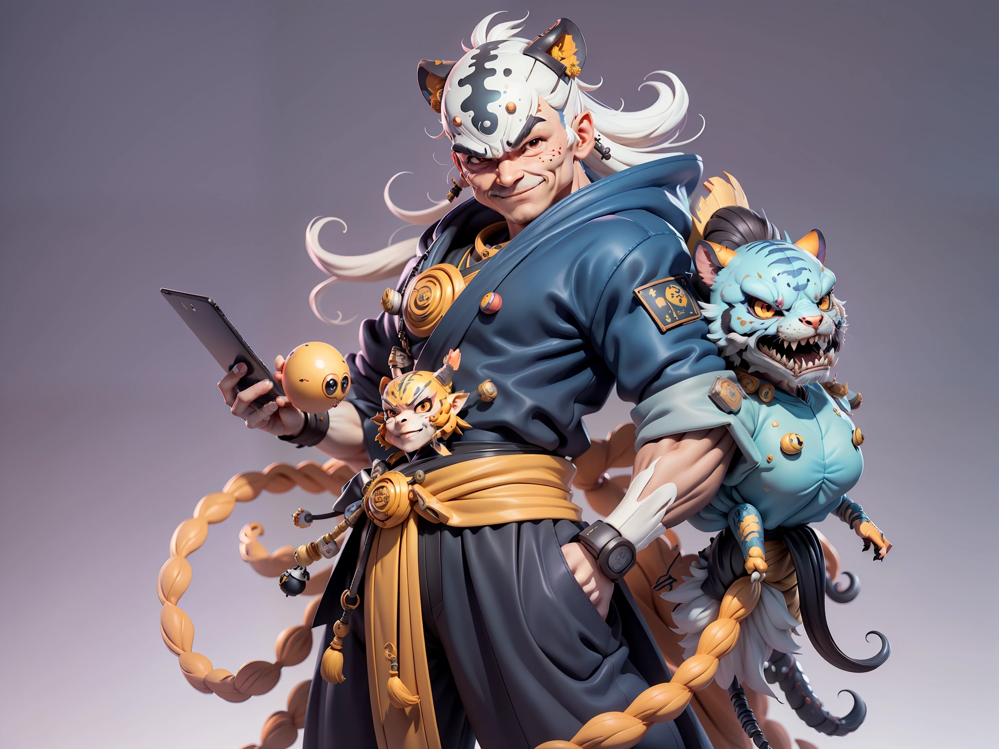 (Masterpiece), (Extreme Quality), (Super Meticulous), (Full Body: 1.2), Super Young Woman, Japanese Female Geisha, Beauty, Chinese Dragon, Tiger, Fengshen Thor, Sexy, Bursting, Oriental Face, TV Anchor, Bust Portrait Illustration, Alone, Black Suit, Blue Tie, Slightly Chubby, Very Clean Face, No Beard, Black Super Short Hair, Black Eyes, Confident Smile, 3c Computer Sub-Products, iPad, iPhone, Digital Painting, 3D character design by Mark Clairedon and Pixar and Hayao Miyazaki and Akira Toriyama, the illustrations are HD illustrations in 4K resolution with highly detailed facial features and cartoon-style visuals.