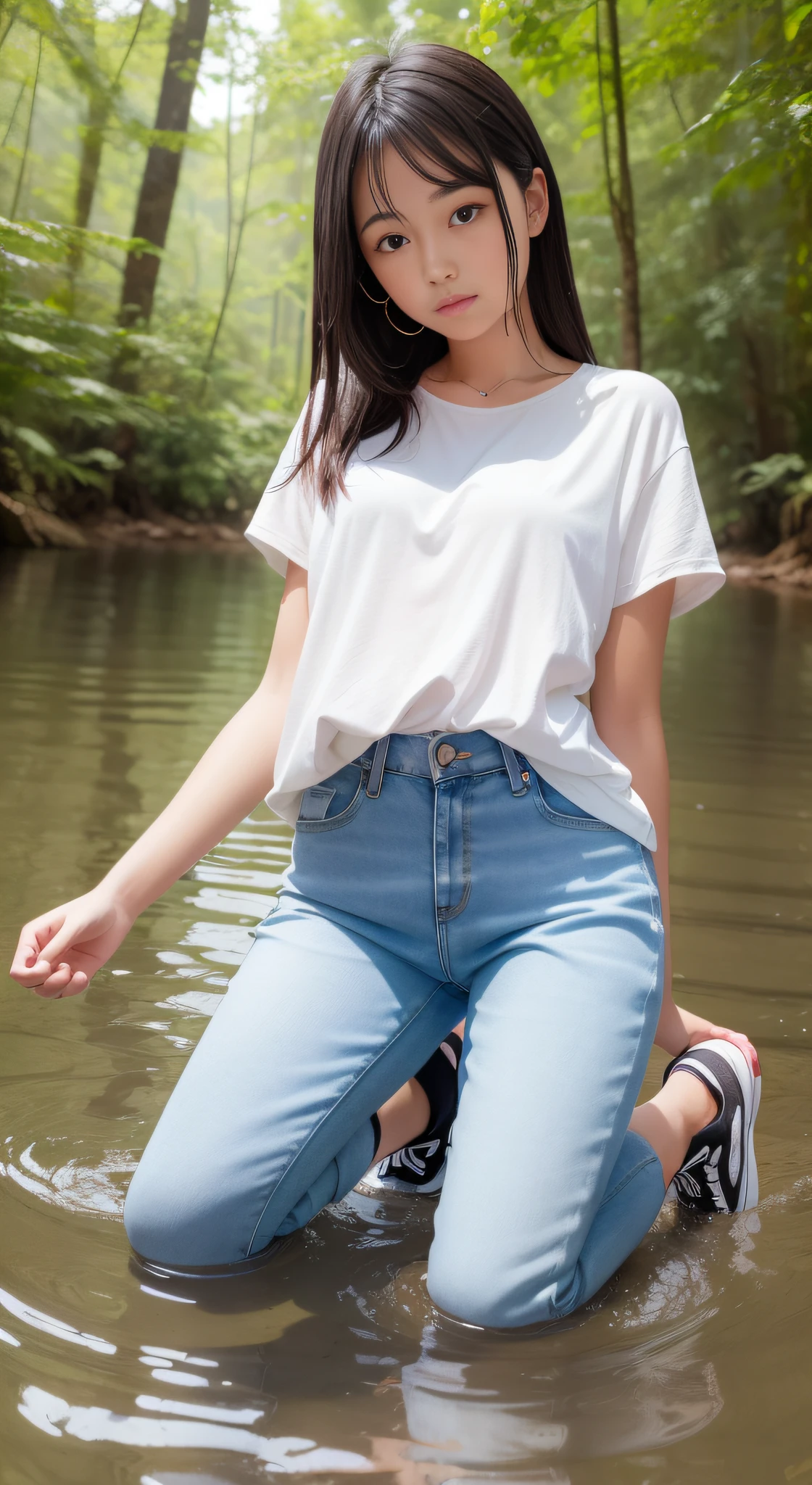 A girl wearing a soaked white shirt, jeans, sneakers, kneeling inside the water, the background is the forest, there is water around, the front