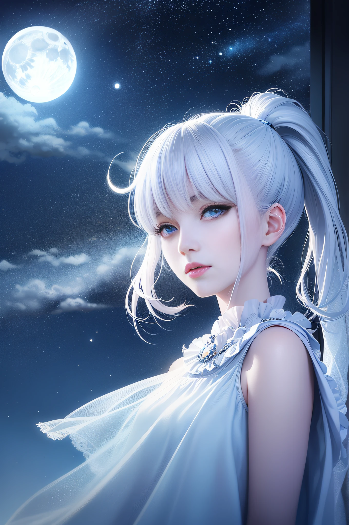 Masterpiece, (Best Quality: 1.2), (Super Fine: 1.2), Illustration, (Extremely Delicate and Beautiful: 1.2), Film Angle, Floating, (Beautiful Detail Eye: 1.1), (Detail Light: 1.1), Film Lights, Delicate Sky, Woman, White Hair, Blue Eyes, (High Ponytail: 1.1), Cloak, Glowing Eyes, (Moon: 1.2), (Moonlight: 1.1), Starry Sky, (Light Particles: 1.1), Fog , snow painting, sketching, blooming