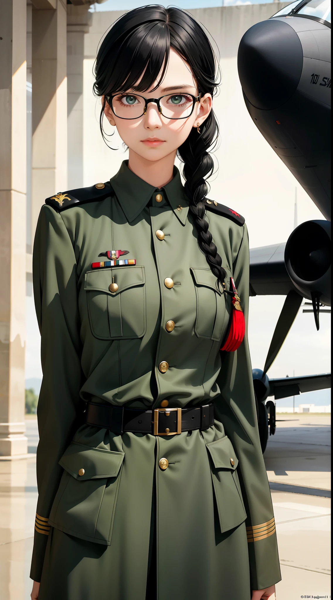 Modest outfit, remote shot, detailed beautiful delicate face, detailed beautiful delicate eyes, perfect facial proportions, high-definition skin, fine skin, four-inch best ratio. With one thumb, a masterpiece, highly detailed, realistic, (World War II German general uniform reference : 1.8), the highest face resolution, adult, modestly dressed woman, dressed entirely, ( small, black hair, black straight bangs, super fine braids, straight bangs, red glasses, dark green eyes), future, science fiction, fighter plane, standing On the landing of a fighter plane, the government agency, a deep intelligent personality, a calm expression, a respectful face, a war, a fighter plane