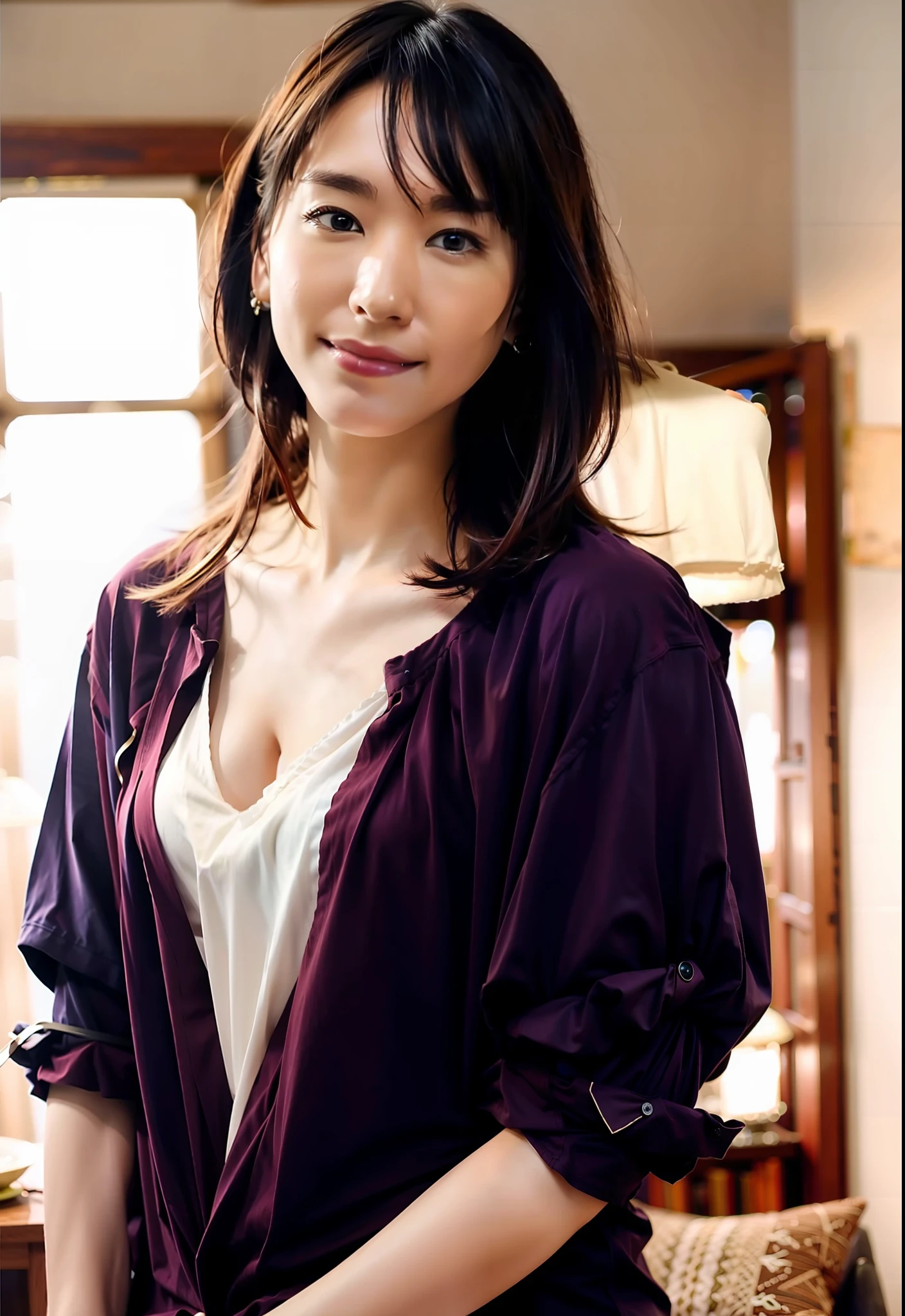 (extremely detailed CG unity 8k wallpaper), (masterpiece), (best quality), (ultra-detailed), (best illustration), (best shadow), ultra-high res, (photorealistic:1.4), 1girl at home, ((very oversize shirt, buttoned shirt, )), (man shirt), no bra, collarbone, (small :1.2), small, (long hair:1.2), looking at viewer, light smile, upper body, makeup,