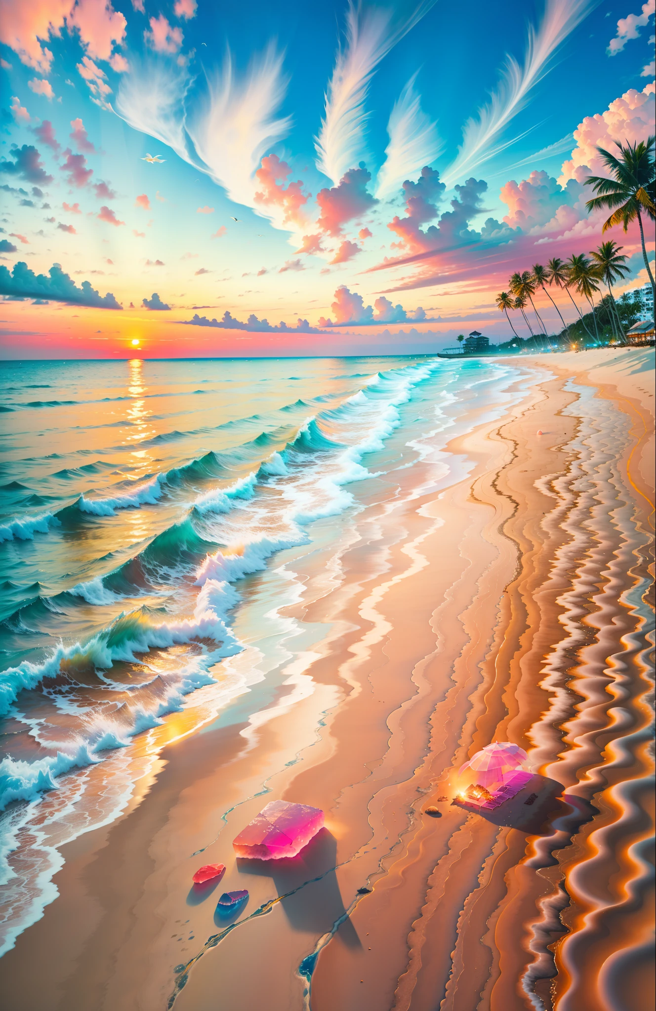 The beach is covered with colorful transparent stones: 1.5, an absolutely mesmerizing sunset on the beach with a mix of orange, pink and yellow in the sky. The water is crystal clear, gently kissing the shore, and the white sand beach stretches as far as the eye can see. The scene is dynamic and breathtaking, with seagulls soaring high in the sky and palm trees gently swaying. Soak up the calming atmosphere and let tranquility envelop you.