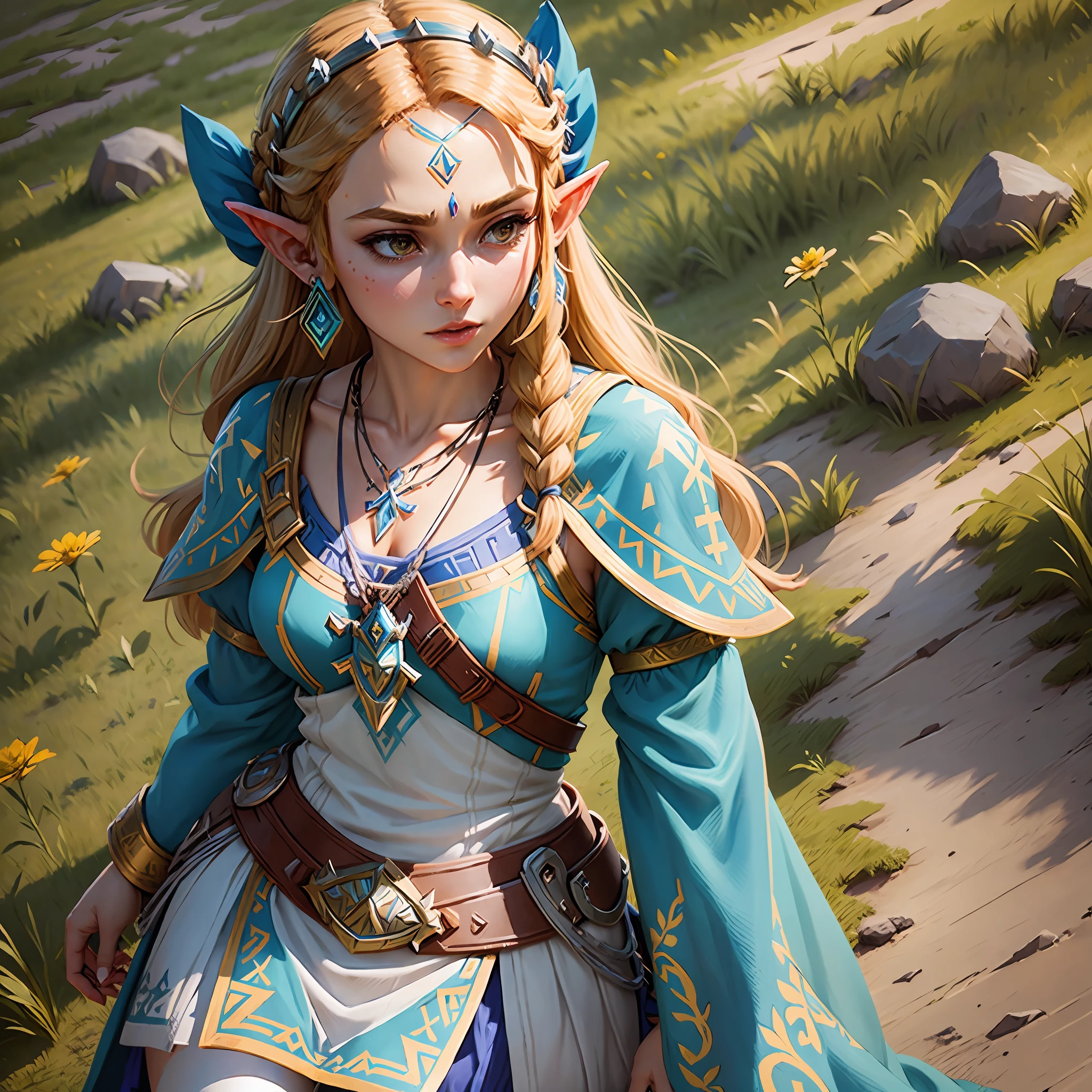 Closeup of Princess Zelda standing in the field with necklace on forehead, Zelda botw, botw, botw style, zelda breath of the wild, breath of the wild, breath of the wild screenshot, princess zelda, zelda, portrait of zelda --auto --s2