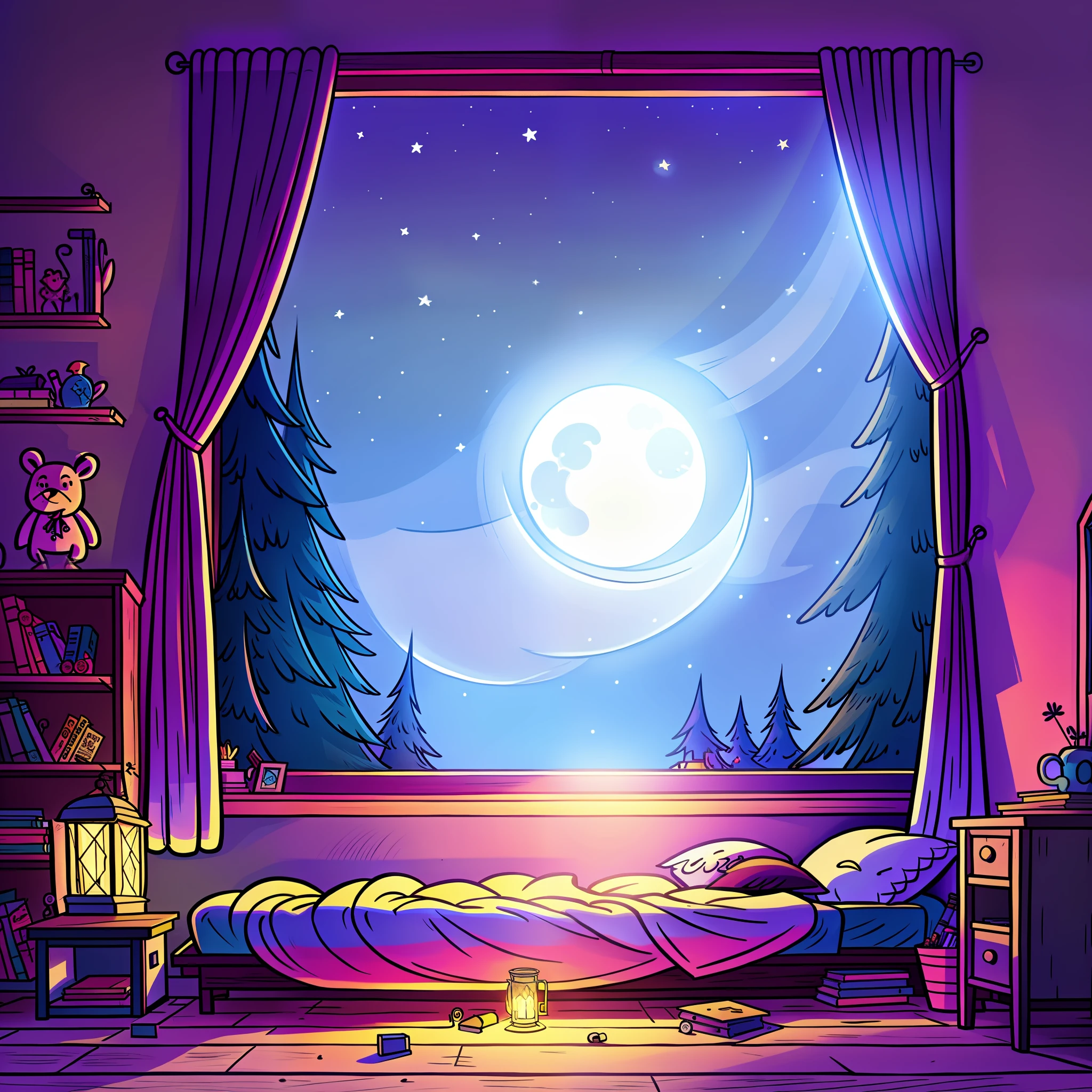 a cozy bedroom at night, moonlight shining through the window, detailed illustration, cartoon, in the style of gravityfalls,