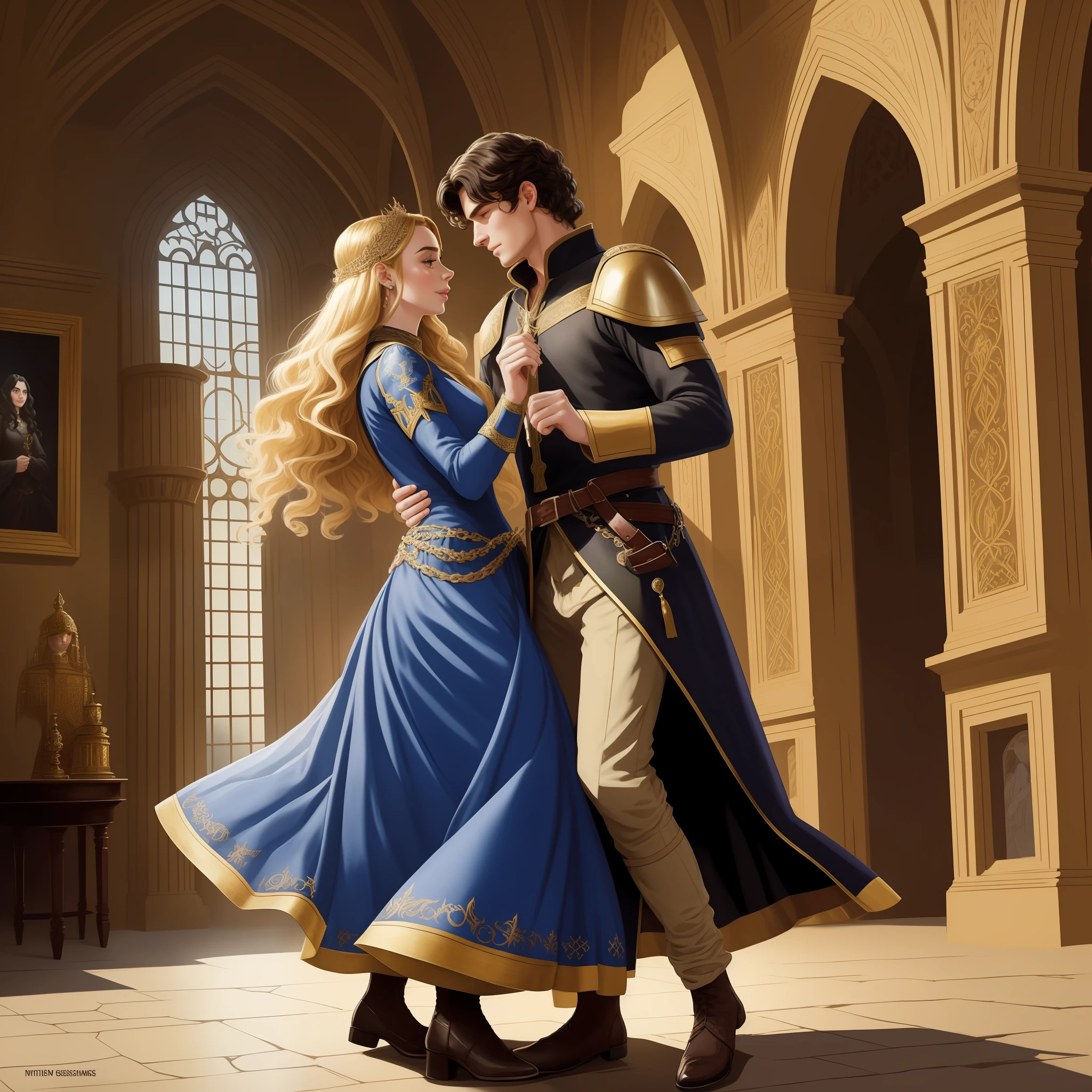 Lily Collins, who has curly black hair, wears a medieval dress. the Neels Visser wears a medieval military outfit and has blonde hair. The couple is waltzing in the ballroom. The illustration is like a book cover with a detailed, bright, illuminated, ultra detailed background, concept art, elegant, art by Greg Hildebrandt