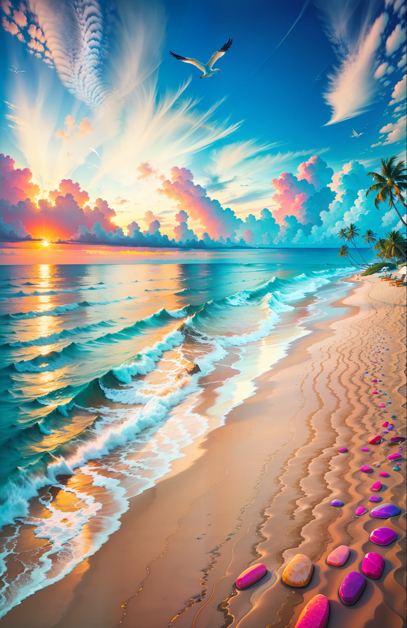 The beach is covered with colorful transparent stones: 1.5, an absolutely mesmerizing sunset on the beach with a mix of orange, pink and yellow in the sky. The water is crystal clear, gently kissing the shore, and the white sand beach stretches as far as the eye can see. The scene is dynamic and breathtaking, with seagulls soaring high in the sky and palm trees gently swaying. Soak up the calming atmosphere and let tranquility envelop you.