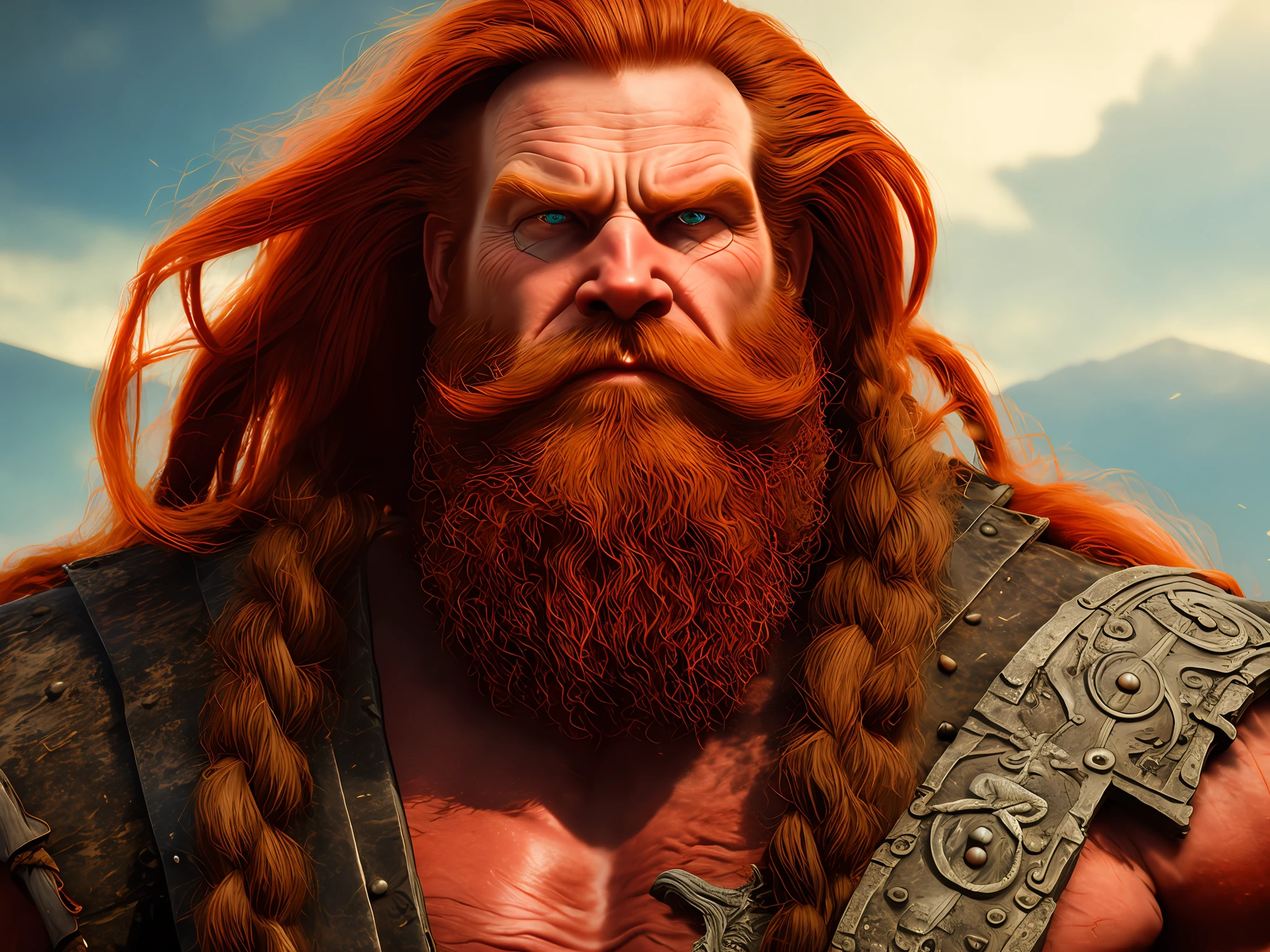 Red giant, big beard, barbarian man, medieval art, from his alone look enemies starting to panic, a head, devilish smile, beast of hell, demon, white fire sky, warrior, with sickle and shield, gorgeous, men, Werelion, long red hair braided, bright blue eyes, realistic, highly detailed, Unreal Engine, 8k-upscale