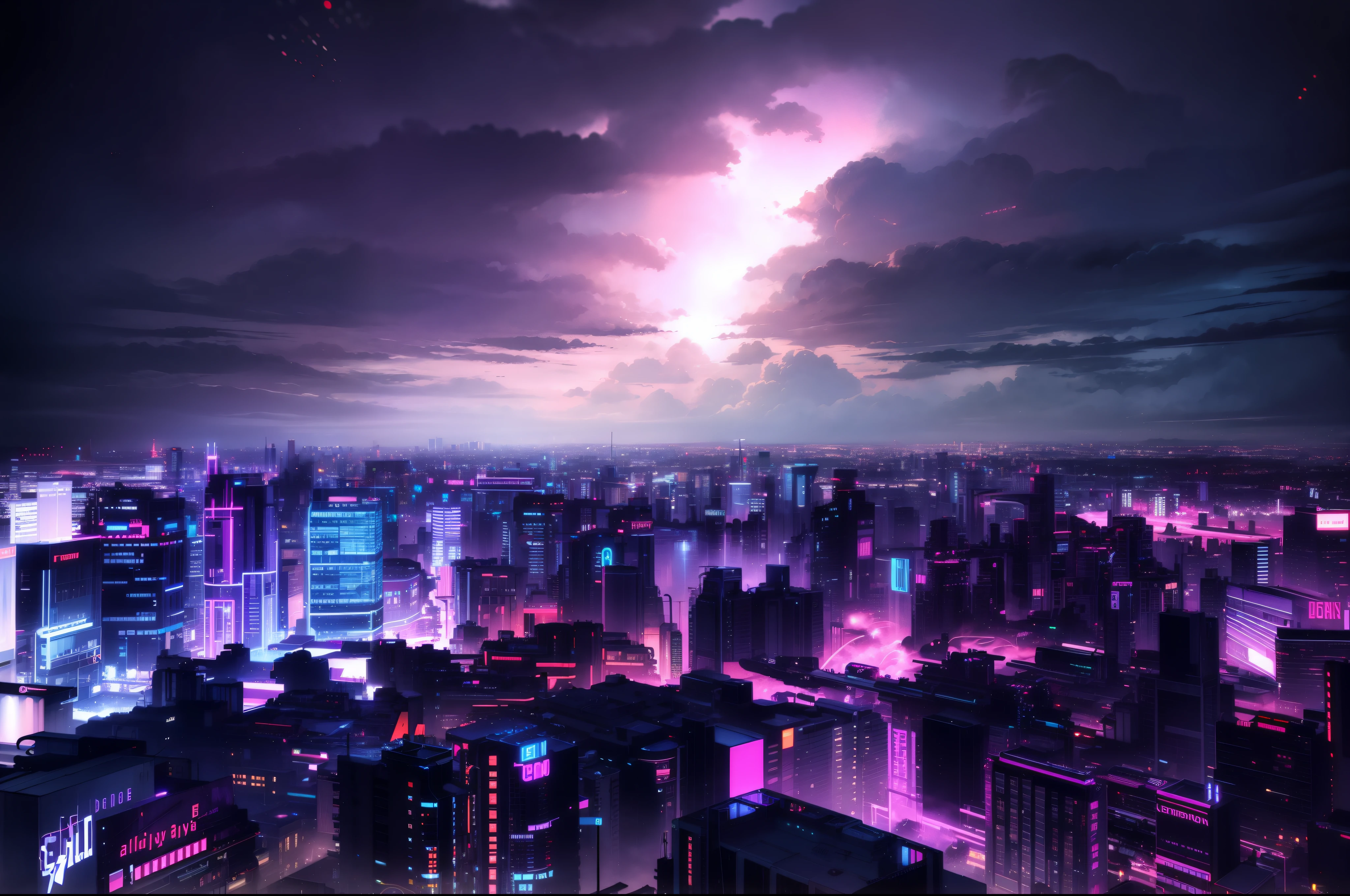 City with neon accents in cyberpunk style at night, there are clouds in the sky