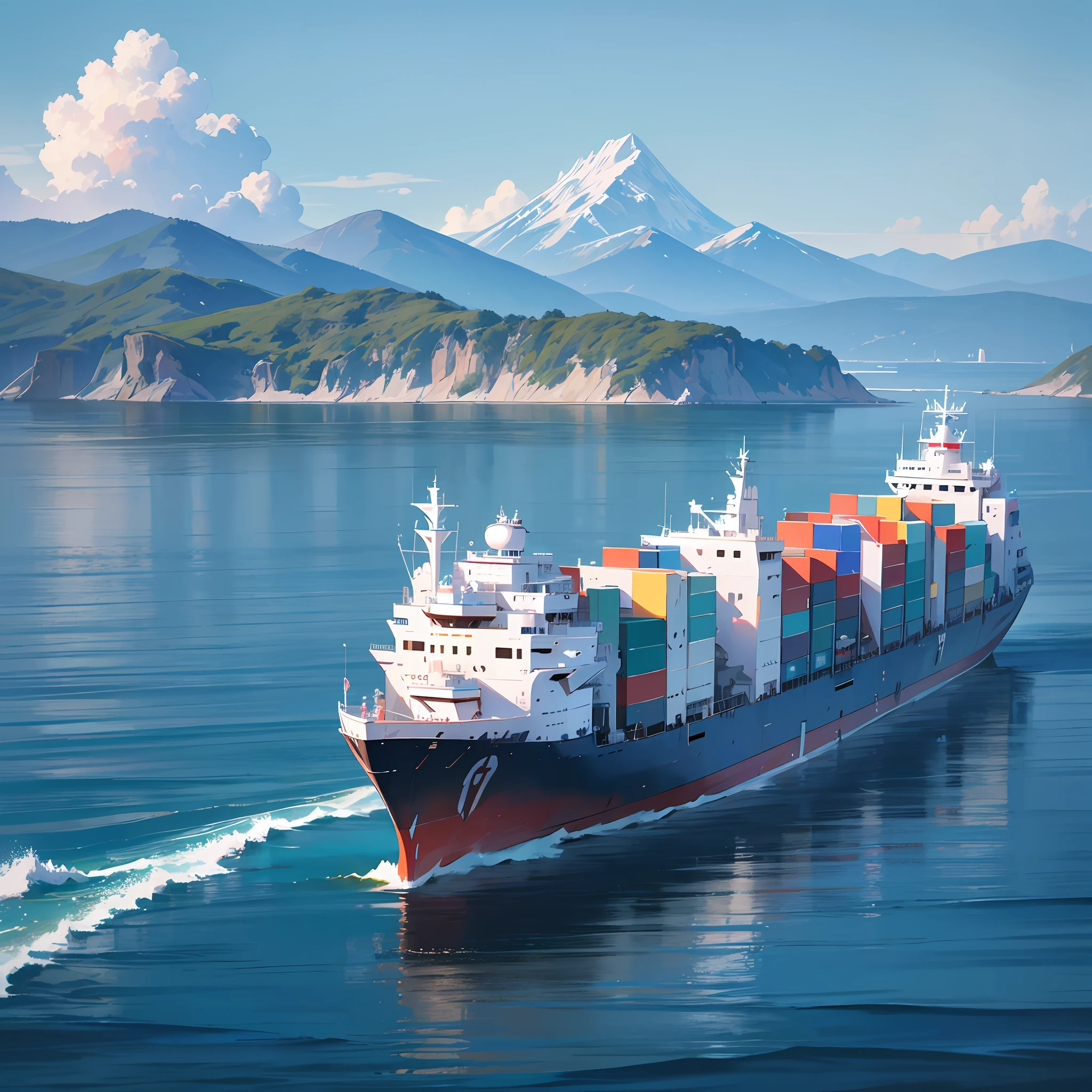 How about imagining a large cargo ship sailing in a calm, blue ocean with a clear, sunny sky above? The ship is huge, multi-story and stacked with hundreds of colorful containers, some of them in vibrant shades of red, green and blue. The water below is crystal clear, allowing you to see marine life moving below the surface. There's a sense of tranquility as the ship slowly moves toward the horizon, leaving a soft trail of white foam in its wake. In the background, you can see the distant mountains or islands, creating a beautiful contrast with its maritime scenery. (8k, best quality) --auto --s2