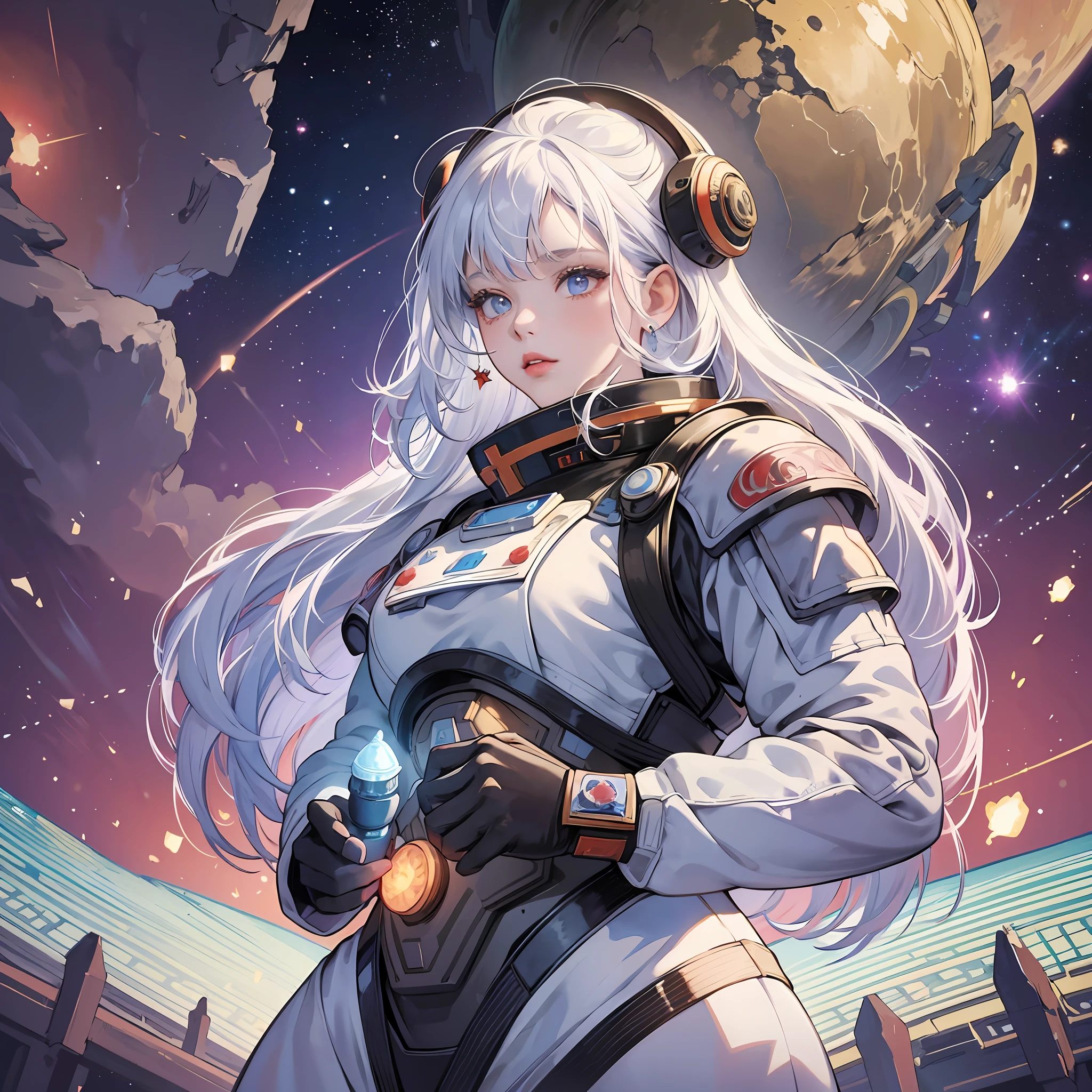 (masterpiece 1.2) beautiful girl, meditating, alien temple, ultra detailed, space background, space suit, reflective lights, watercolor colors, hyperrealism, weapons dwarf, eye focus, hair in the wind, delicate hands, red lips, white hair, ultra detailed walls, high detail, masterpiece, masterpiece, masterpiece, UHD, high details --auto --s2