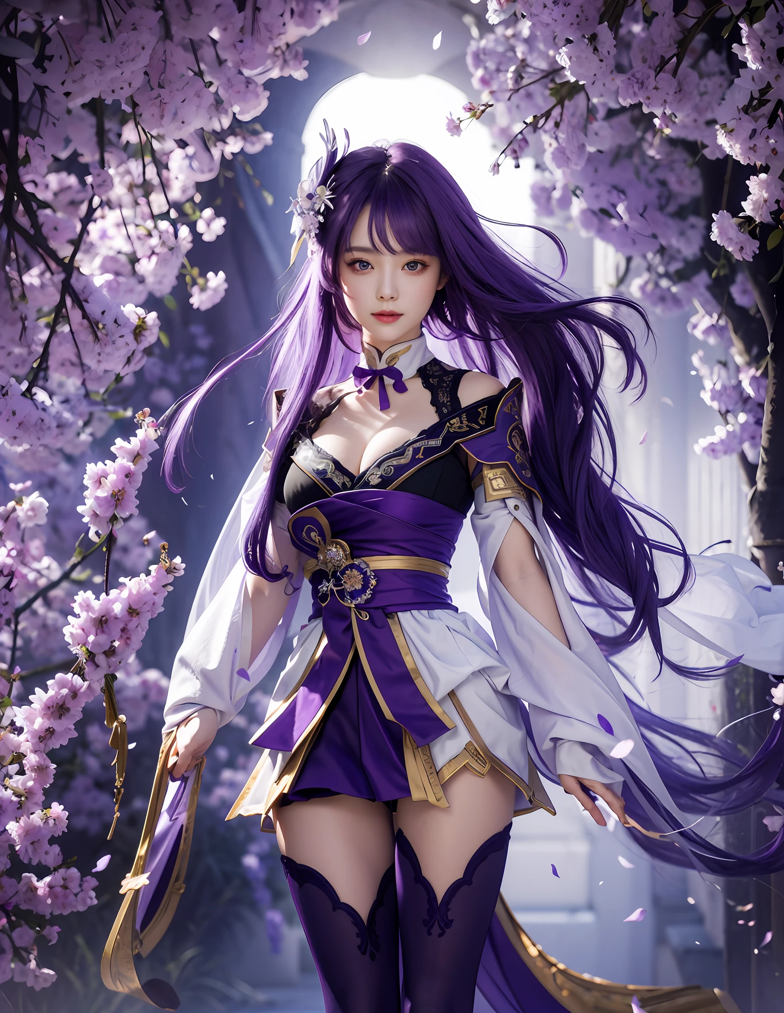 Best Quality, Masterpiece, Ultra High Resolution, (Realistic: 1.4), Original Photo, Side Light, Fine Beautiful Eyes: 1.2, Masterpiece* Portrait, Realism, Genshin, 1 Girl, Ultra Detailed, Purple Hair, Purple Clothes, Purple Stockings