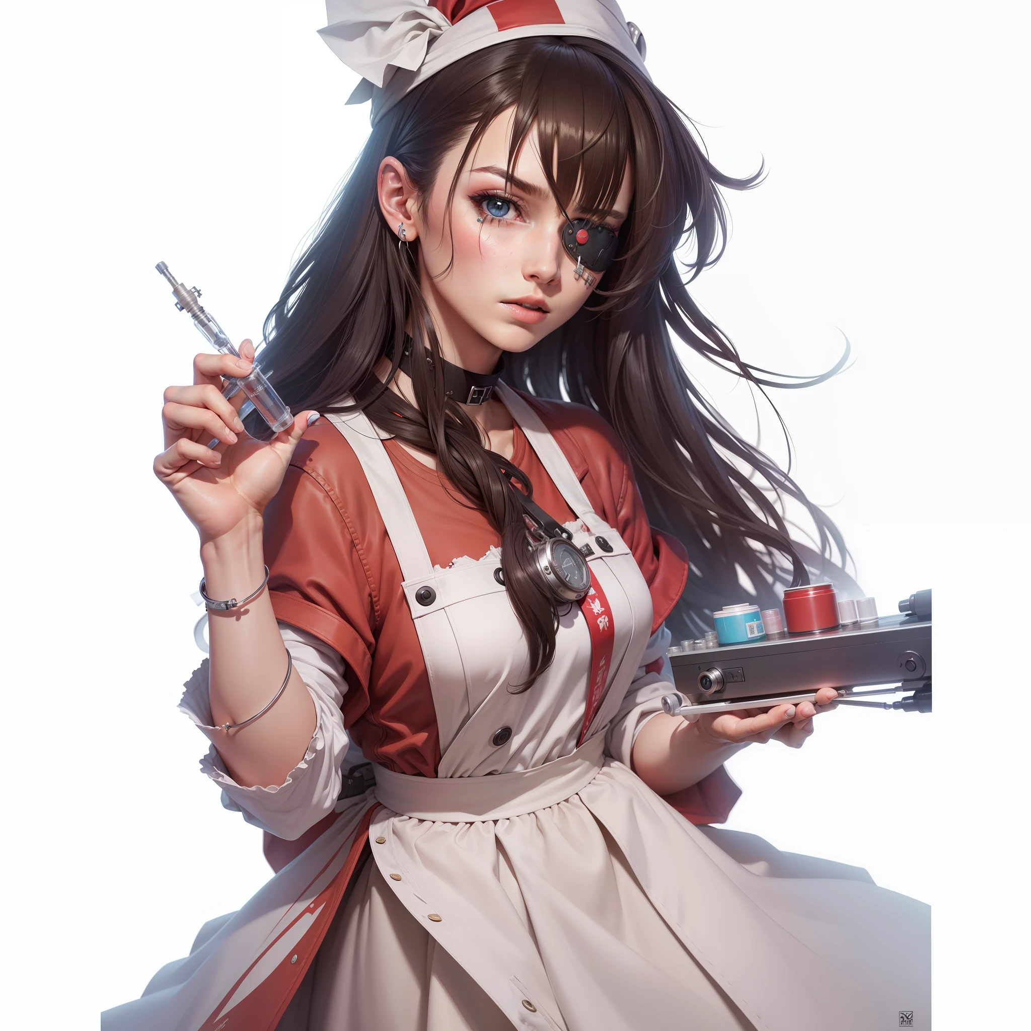 Best quality, masterpiece, ultra high res, (photorealistic: 1.4), syringe in hand, eye patch in left eye