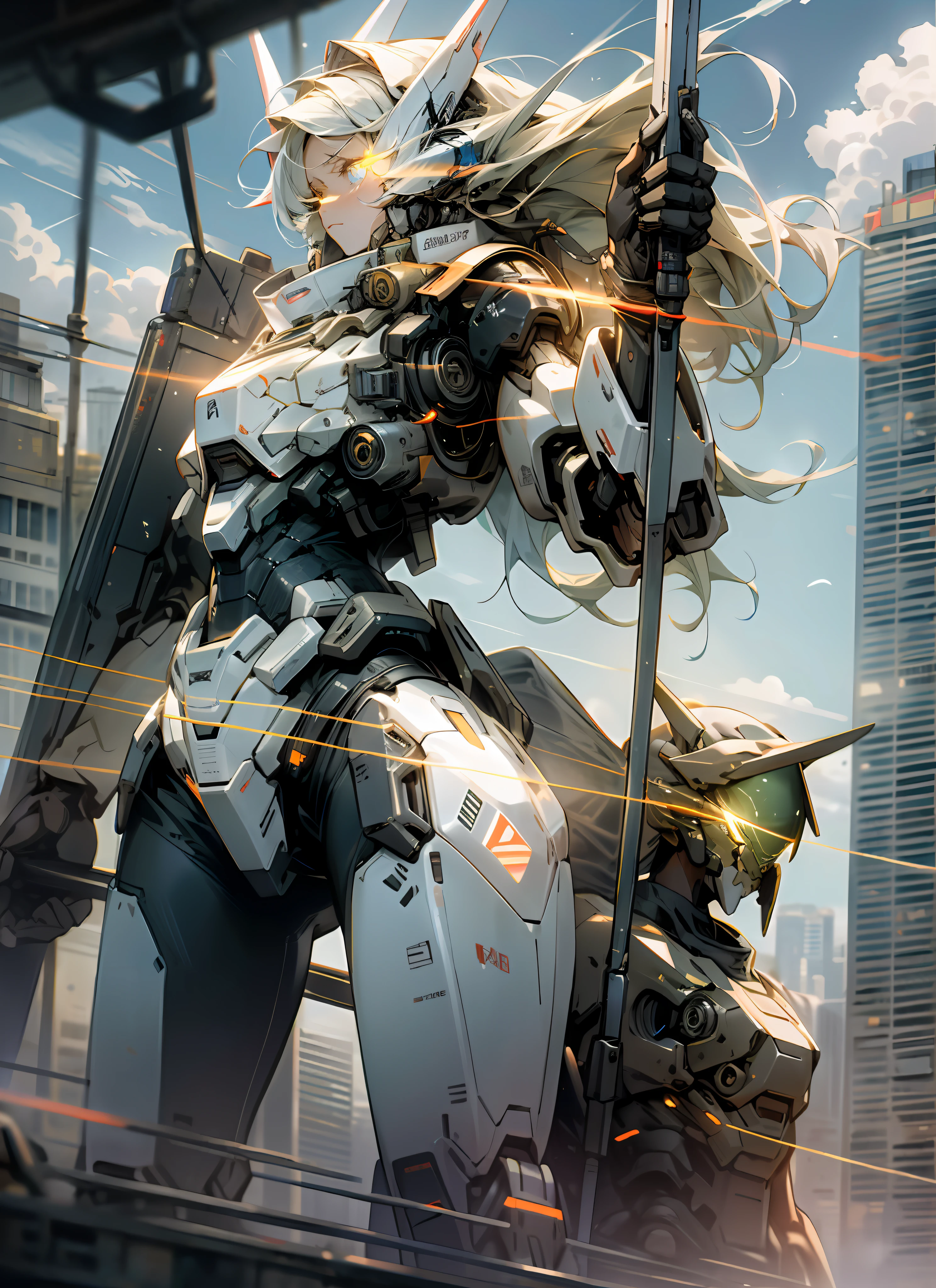 Sky, Clouds, holding_weapon, Glow, Girl, glowing_eyes, Mecha, Science Fiction, City, Reality