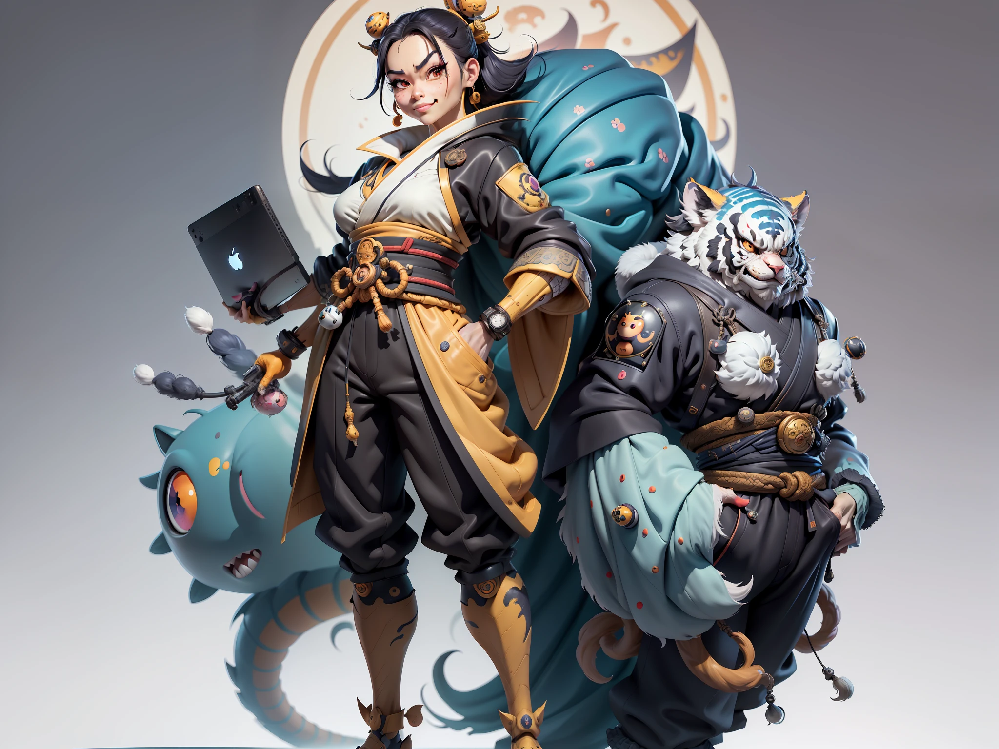 (Masterpiece), (Extreme Quality), (Super Meticulous), (Full Body: 1.2), Super Young Woman, Japanese Female Geisha, Beauty, Chinese Dragon, Tiger, Fengshen Thor, Sexy, Bursting, Oriental Face, TV Anchor, Bust Portrait Illustration, Alone, Black Suit, Blue Tie, Slightly Chubby, Very Clean Face, No Beard, Black Super Short Hair, Black Eyes, Confident Smile, 3c Computer Sub-Products, iPad, iPhone, Digital Painting, 3D character design by Mark Clairedon and Pixar and Hayao Miyazaki and Akira Toriyama, the illustrations are HD illustrations in 4K resolution with highly detailed facial features and cartoon-style visuals.