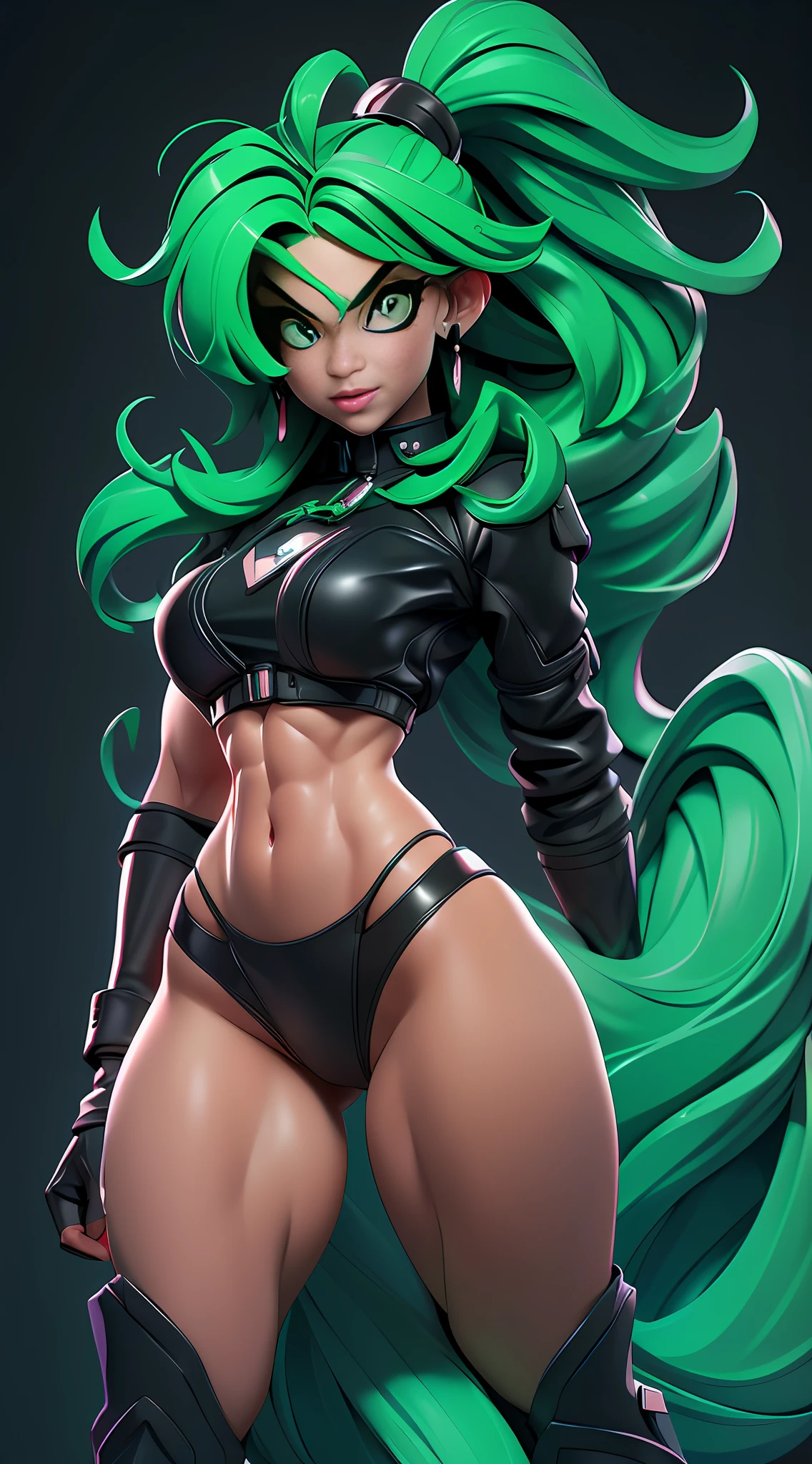 ((Best Quality)), ((Masterpiece)), ((Realistic)) and ultra-detailed photography of a 1nerdy girl with goth and neon colors. She has ((emerald hair)), wears a small tiny black thong , ((beautiful and aesthetic)), muscular fit body abs, sexy, under-boobs, hot