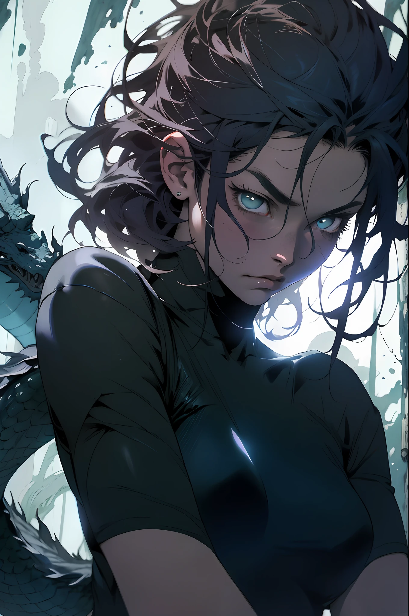 absurd, highres, ultra detailed, moody lighting, quiet, calm, brightness, masterpiece, best quality, 1girl, dark fantasy movie of the 90s yet, menacing dragon next door