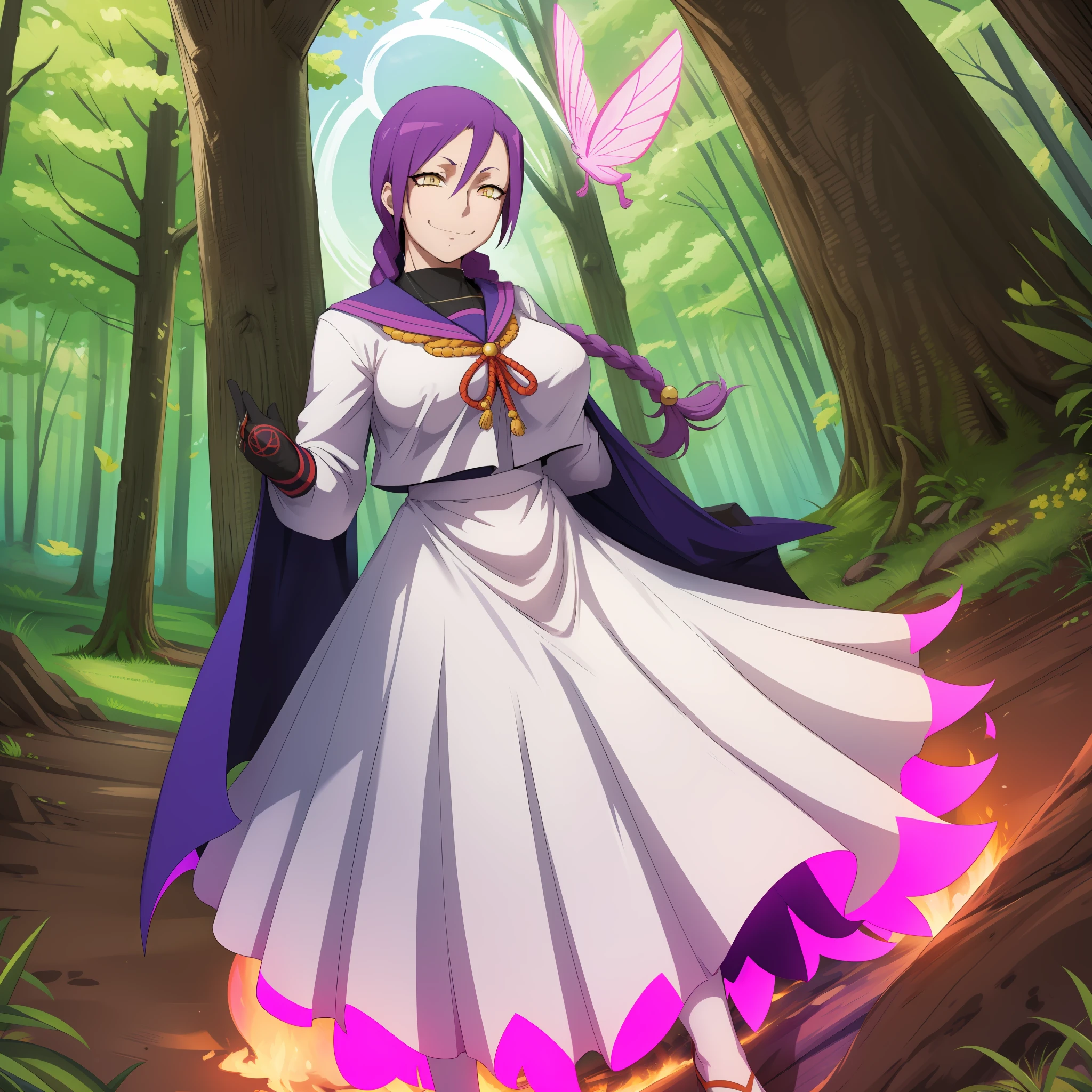 (masterpiece, best quality: 1.2), cowboy shot, solo, 1girl, chikujoin magane, sharp teeth, evil smile, looking at the viewer, hand on hip, simple braid, school uniform, serafuku, pleated skirt, thighs, (gloves: 1.1), huge chest, curved, female, fantastic goddess, there is a cartoon picture of a woman with a very large chest, a bright angelic being, a bright holy aura, inspired by Red Luma, the non-binary deity of spring, ethereal rainbow nimbus, the butterfly goddess of fire, inspired by Marie Angel, will have bright around her, astral fairy, like the sun goddess, "uwu the prismatic person, big breast, happy, beautiful eyes, whole body, walking, long dress, long dre, , nun, priestess, saint, body of venus, curve, huge chest, forest, long skirt, coat, very long skirt, coat, europe, france, french, tights, long dress, modest