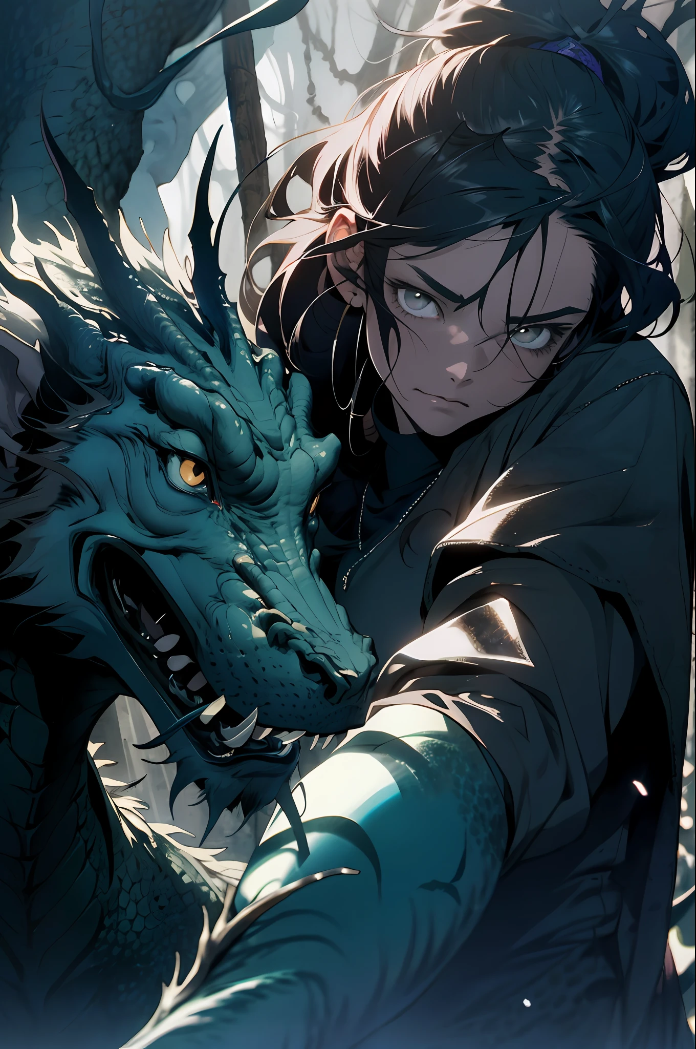 absurd, highres, ultra detailed, moody lighting, quiet, calm, brightness, masterpiece, best quality, 1girl, dark fantasy movie of the 90s yet, menacing dragon next door