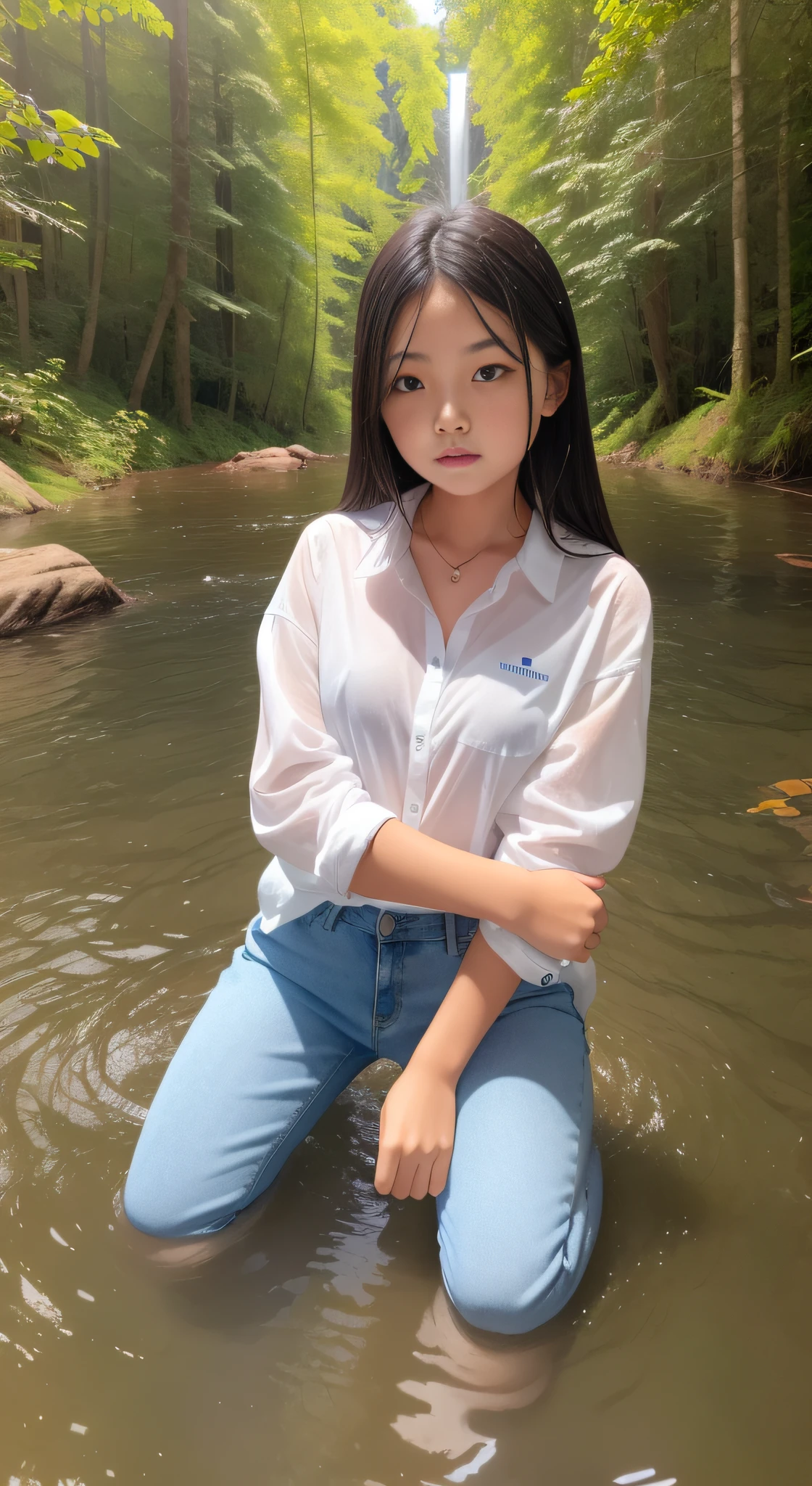 A girl wearing a soaked white shirt, jeans, sneakers, kneeling inside the water, the background is the forest, there is water around, the front