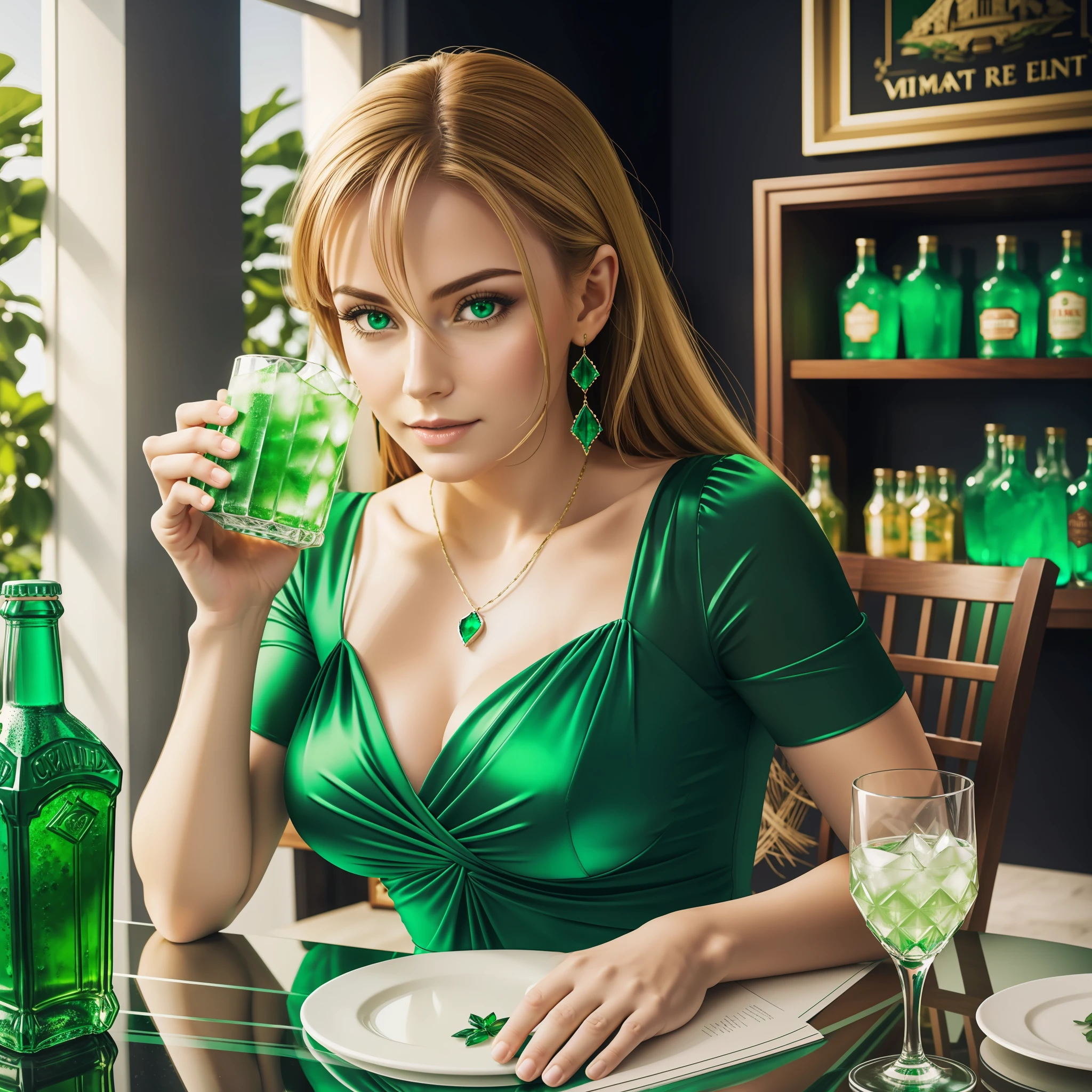 Realistic Emerald Isle Drink - humanizing the bottle and giving it an emerald green dress, holding the emerald drink masterpiece, perfect lighting, eyes reflecting the realistic world, join any man or woman in their next drink.