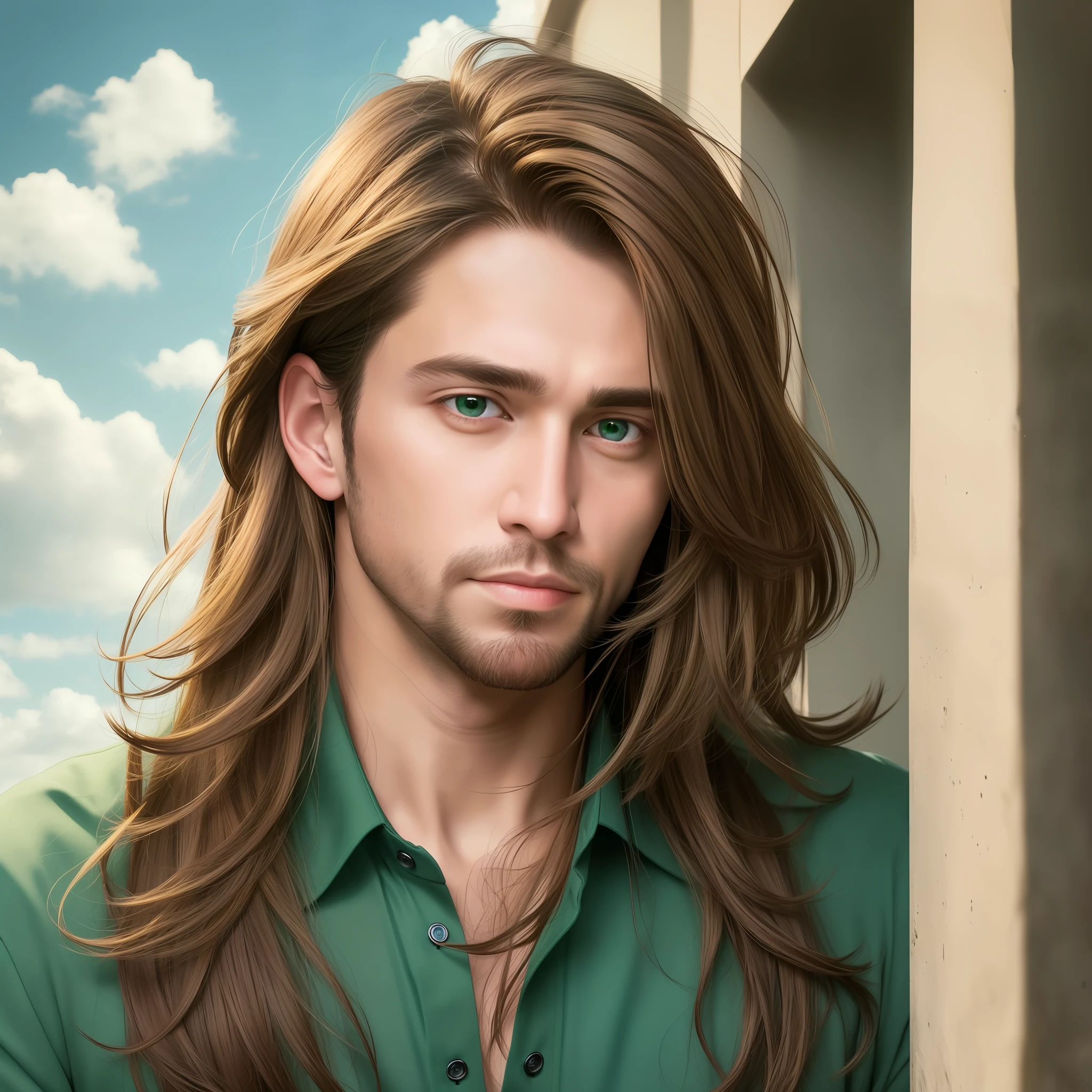 Portrait of a handsome man. Shoulder-length hair. Brown hair. Green eyes. Sky background with a few clouds