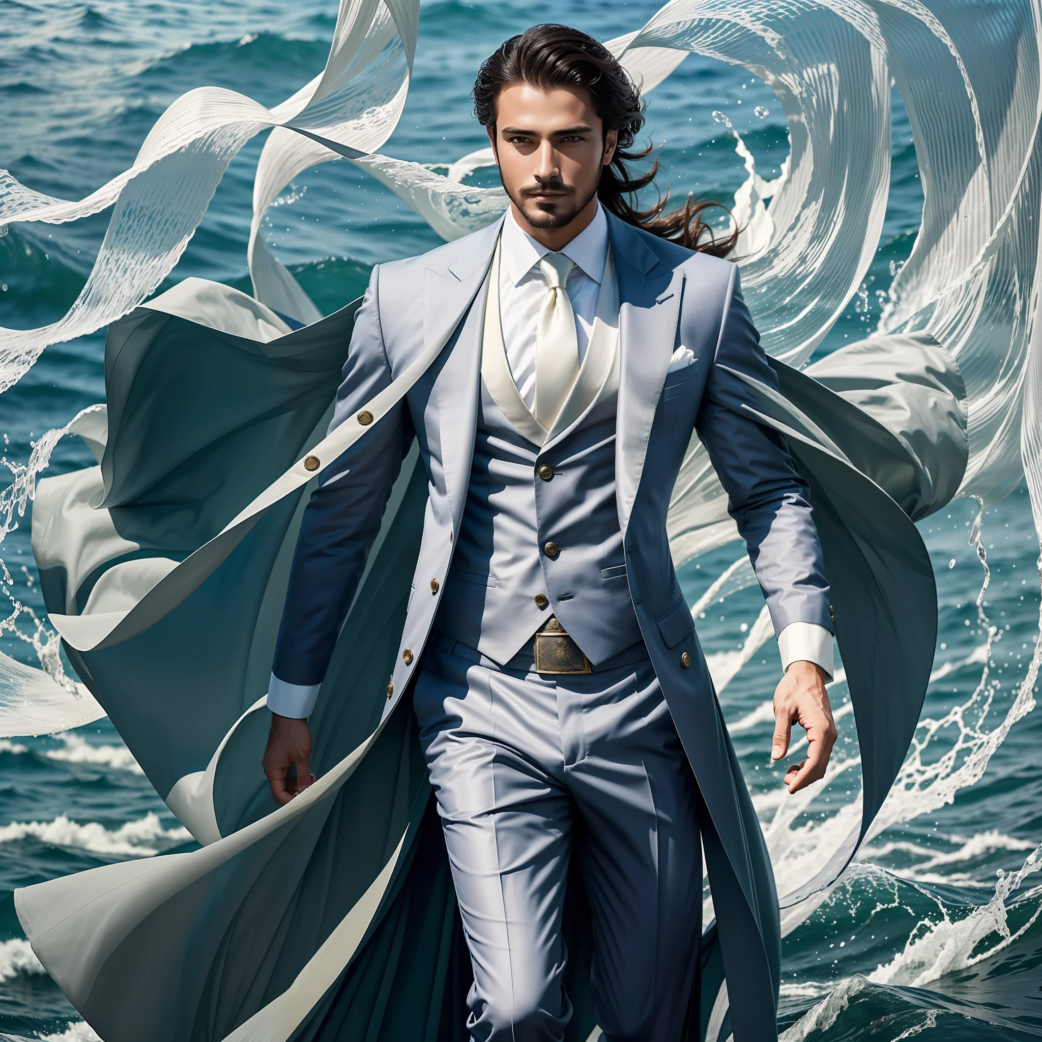 (best quality, high resolution) An enticing drink, personified as a man, stands elegantly dressed in a flowing Ocean Breeze drink-inspired gown, gently swaying in the ocean breeze.