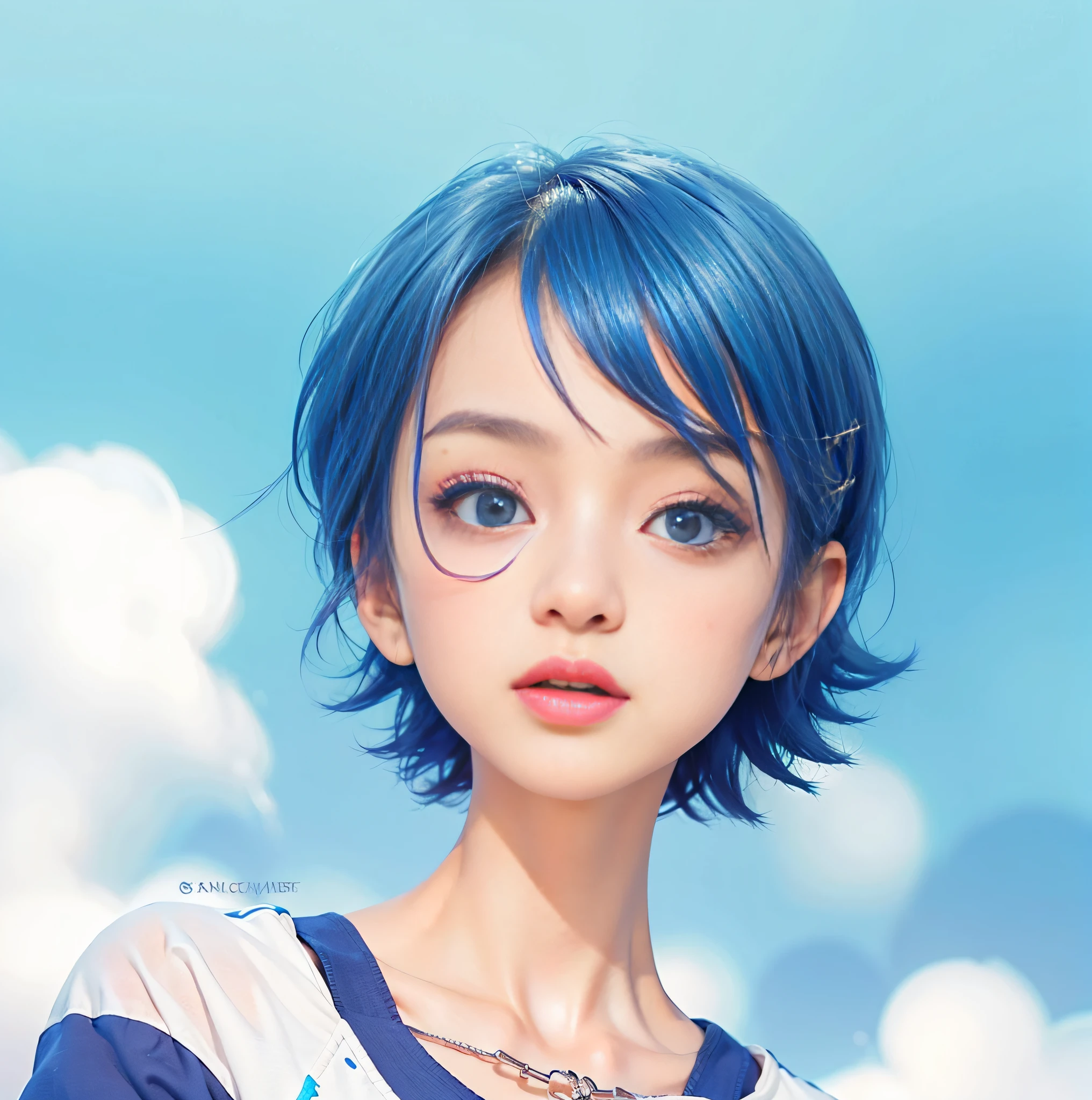 (female:1.2) (bodybuilder:0.8), hyper realistic, masterpiece, photorealistic, real skin, detailed face, detailed skin, detailed lighting, 1girl, shocked face, short hair, blue hair, open mouth