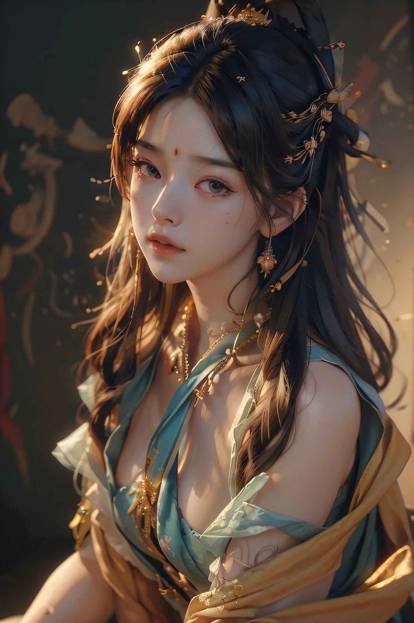 nsfw,(RAW photo, best quality),(realistic, photo-realistic:1.3),best quality,highly detailed,masterpiece,ultra-detailed,illustration,1girl,upper_body,dynamic angle,world masterpiece theater,messy_long_hair,best quality,extremely detailed CG unity 8k wallpaper,ink,Amazing,cinematic lighting,lens_flare,dunhuang_style,