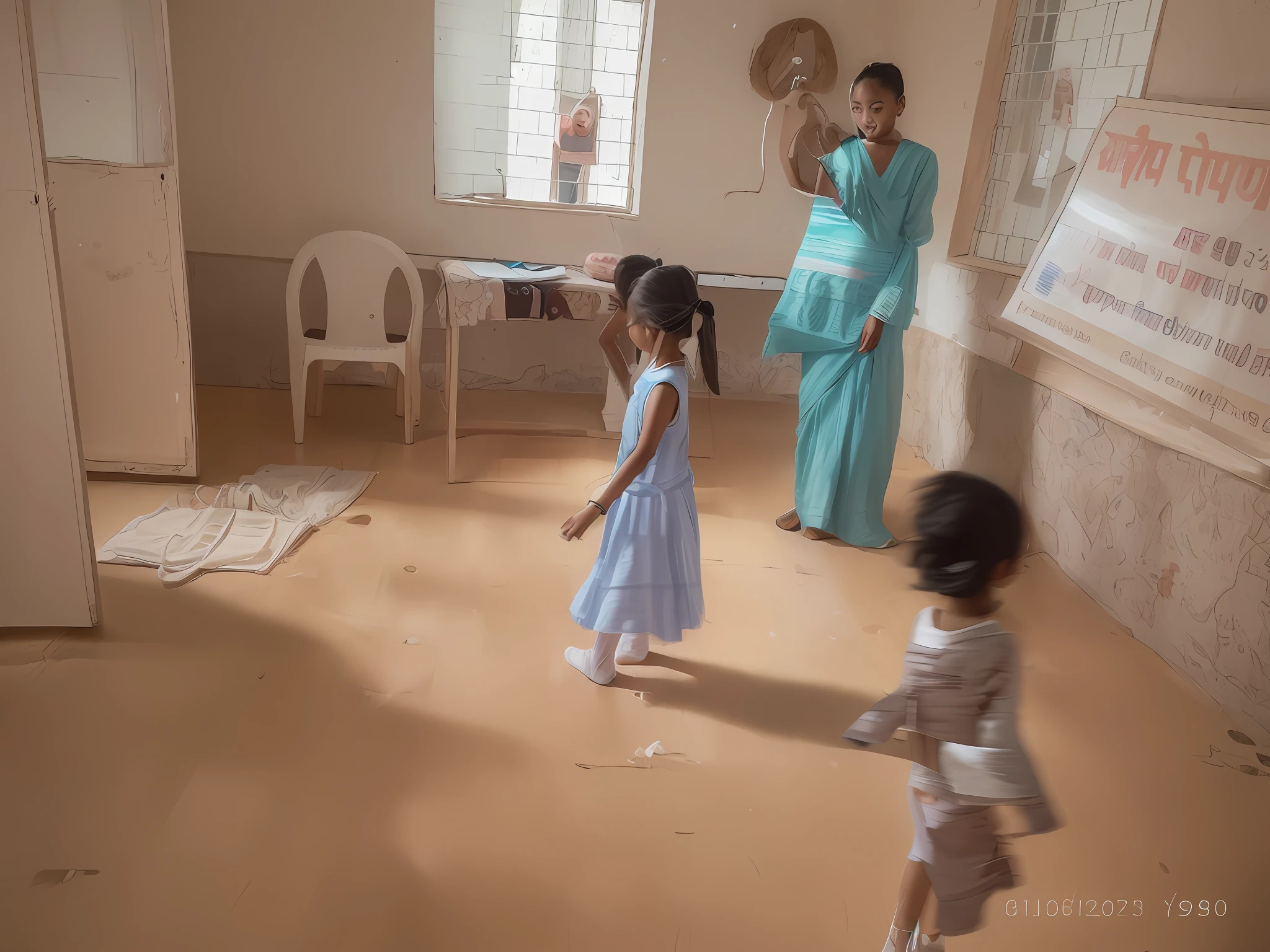 there are two children standing in a room with a woman standing next to them, kids playing, panoramic view of girl, taken with sony alpha 9, captured with sony a3 camera, center of picture, centre image, she is dancing, walking towards the camera, captured on canon eos r 6, other women dancing behind, panoramic centered view of girl