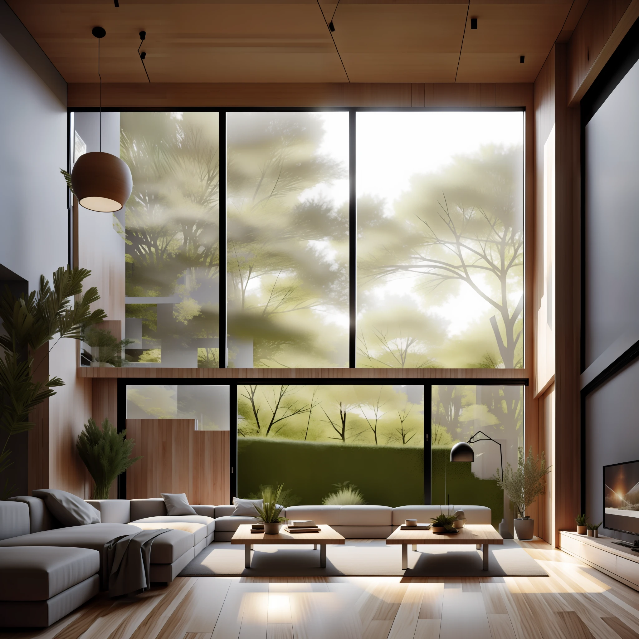 Interior design,insanely detailed wide angle architecture photography, cozy contemporary living room,(bright warm sunlight 1:0.1), award-winning contemporary interior design, scenery, table, chair, indoors, wooden floor, window, restaurant, east asian architecture, sliding doors, lamp, architecture, forest, nature, cup, plant,INTERIOR DESIGN,intersting lights and shadows, Depth of Field,low light, ,