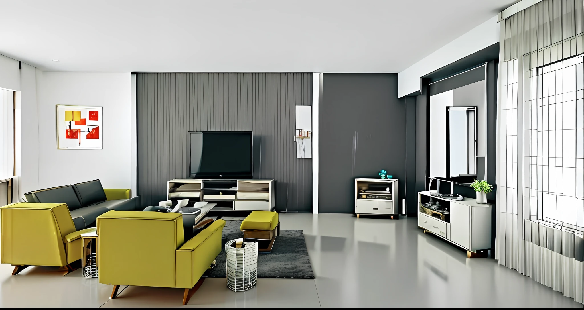 a rendering of a living room with a dining table and a television, concept house, 3d rendering, 3 d rendering, comprehensive 2 d render, residential design, apartment design, 2 d render, concept drawing, realistic concept, 3 d renders, in style of 3d render, 3d concept, 3 d concept, concept art. 8 k, 3 d design