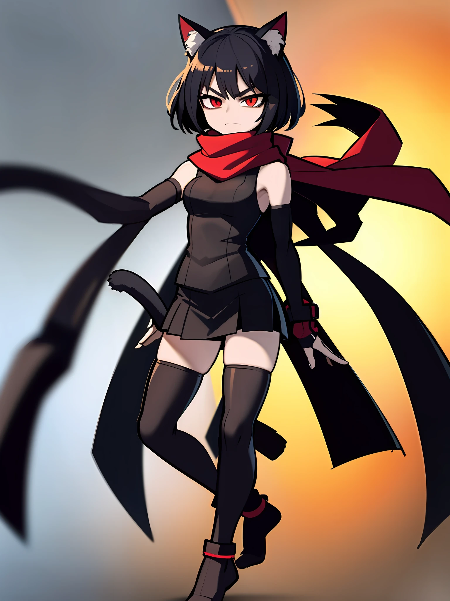 nekomimi girl, kunoichi, detailed arms, cel-shaded:15, elongated arms, cat ears, tail, tall woman, short hair, black hair, red eyes, detailed hands, detailed feet, high quality colored sketch, red background, ultra detailed, 8k resolution, brown leather vest, brown skirt, no shoes, standing, red scarf, ninja accessories, deep shadows, sharp focus, yandere,  dynamic angle, sadistic expression, empty eyes