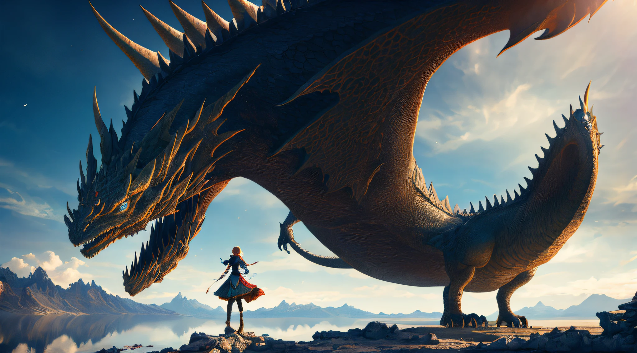 a girl riding a dragon A magical place, (masterpiece)), best quality, high quality, 8k unit CG extremely detailed)), (fantasy), magic film style, harry potter movie style, visualization on the highest mountain, Mono Lake, 3D digital paintings, award-winning photography, Bokeh, depth of field, HDR, flower, chromatic aberration, Photorealistic, extremely detailed, trend in artstation,  trend in CGsociety, intricate, high detail, dramatic, art in the middle of the journey