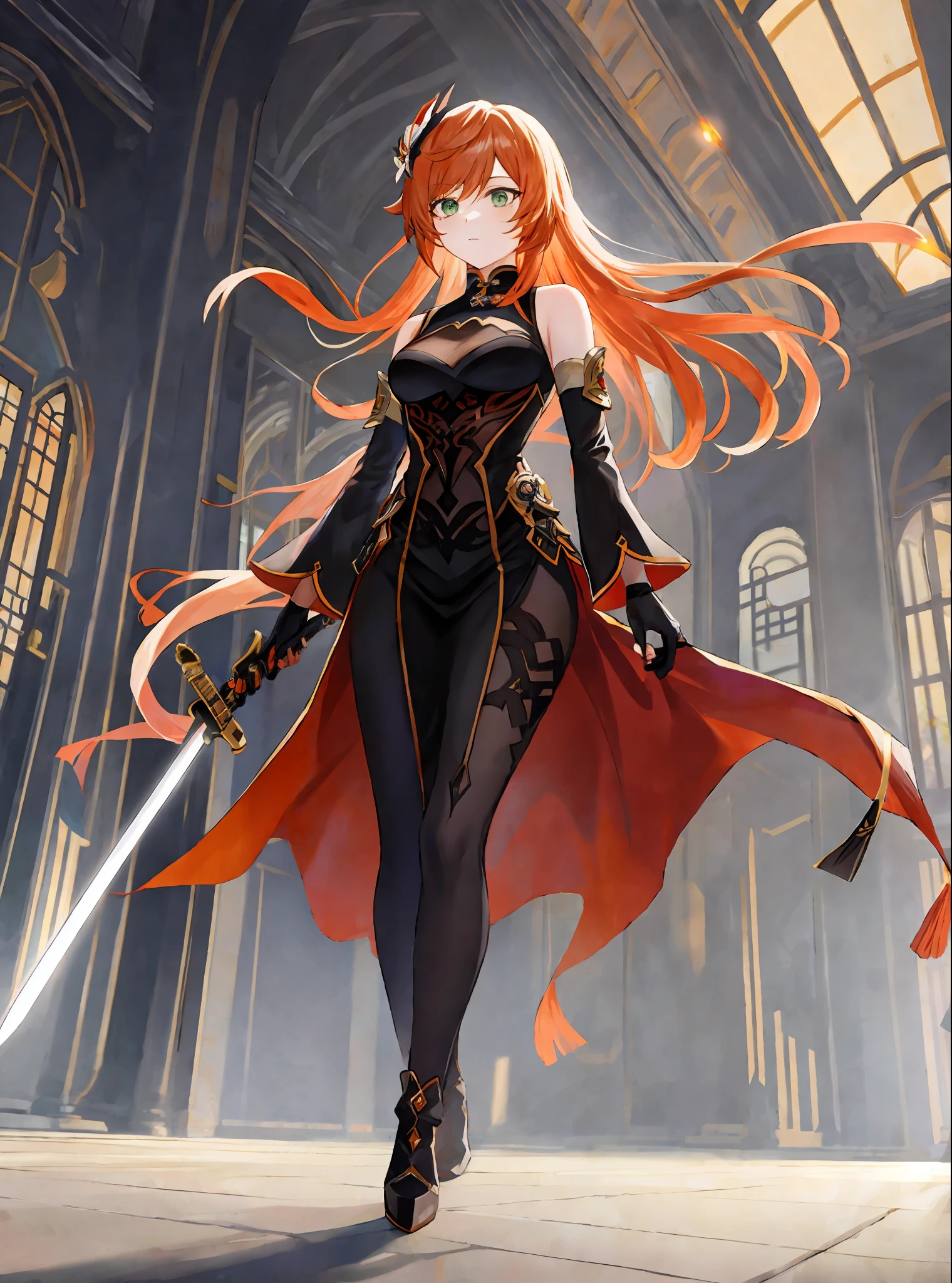 Name késia, pyro, masterpiece, best quality, g1a2s, 1girl, (genshin impact), long hair, solo, hair ornament, gloves, black gloves, standing, orange hair, green eyes, full body, holding, bodysuit, gun, black bodysuit, shadow, walking, high heeled boot, shoulder clipping, indoors, partially fingerless gloves, chinese clothes, long sleeves, very long hair, clothing cutout,  long skirt with slit fitss, holding sword, illuminated giant sword, loose hair, hip exit, hand up, face away, bare shoulders, breasts, construction, blurry, elbow gloves, detached sleeves, hair flying, long sword illuminated