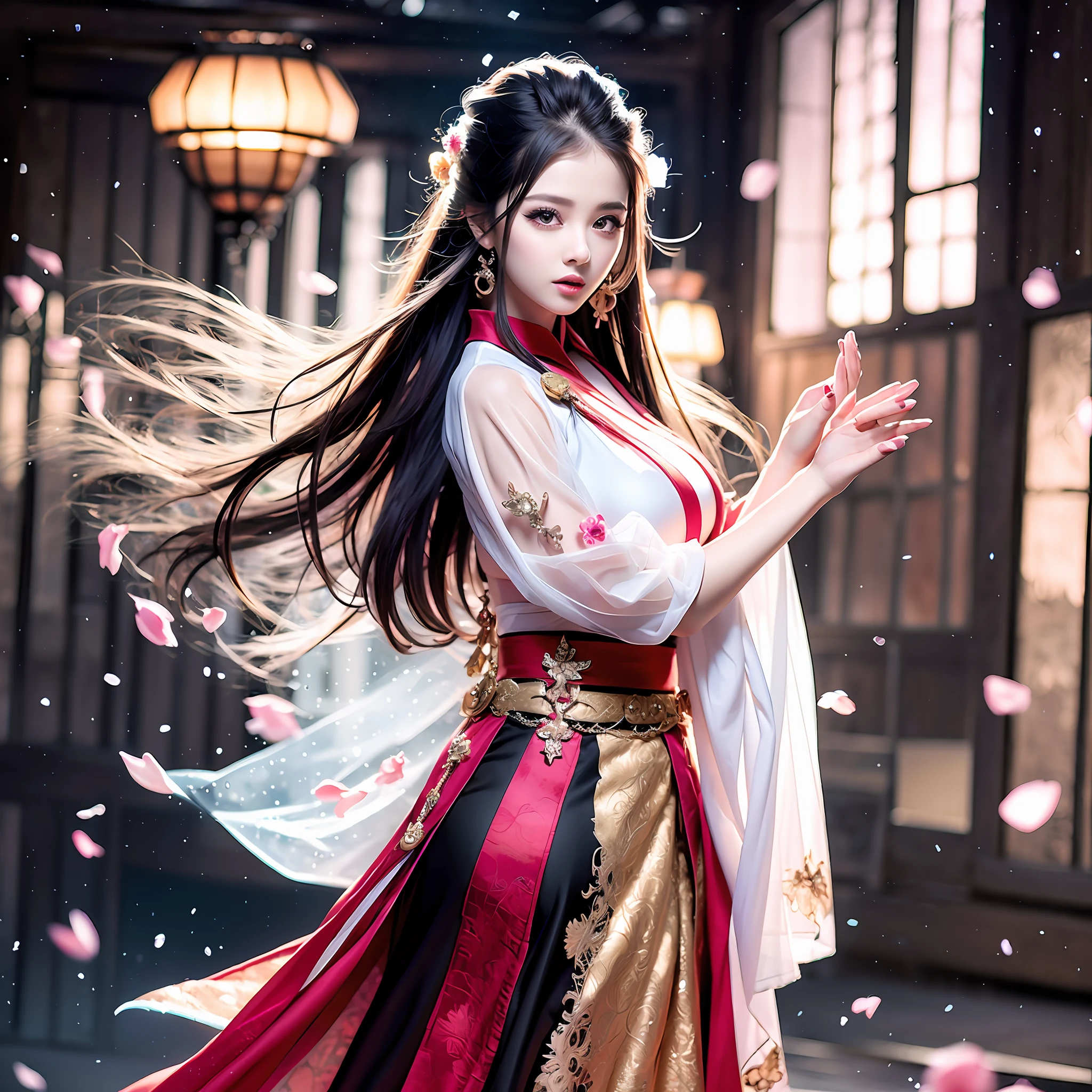 Superb Quality, Masterpiece, High Resolution, (Exquisite Body: 1.5), Superb Beauty, (Milky Skin: 1.3), Delicate Details, High Resolution, Wallpaper, 1 Woman, Solo, Dress, Hair Accessory, Long Hair, Brown Hair, Shut Up, Accessories, Long Sleeves, Raised Hands, Wide Sleeves, Big Eyes, Flowing Hair, Hanfu, Hanfu, Embroidery, Long Skirt, Natural Pose, Falling Petals, Indoor, Fanning, Lantern, --auto --s2