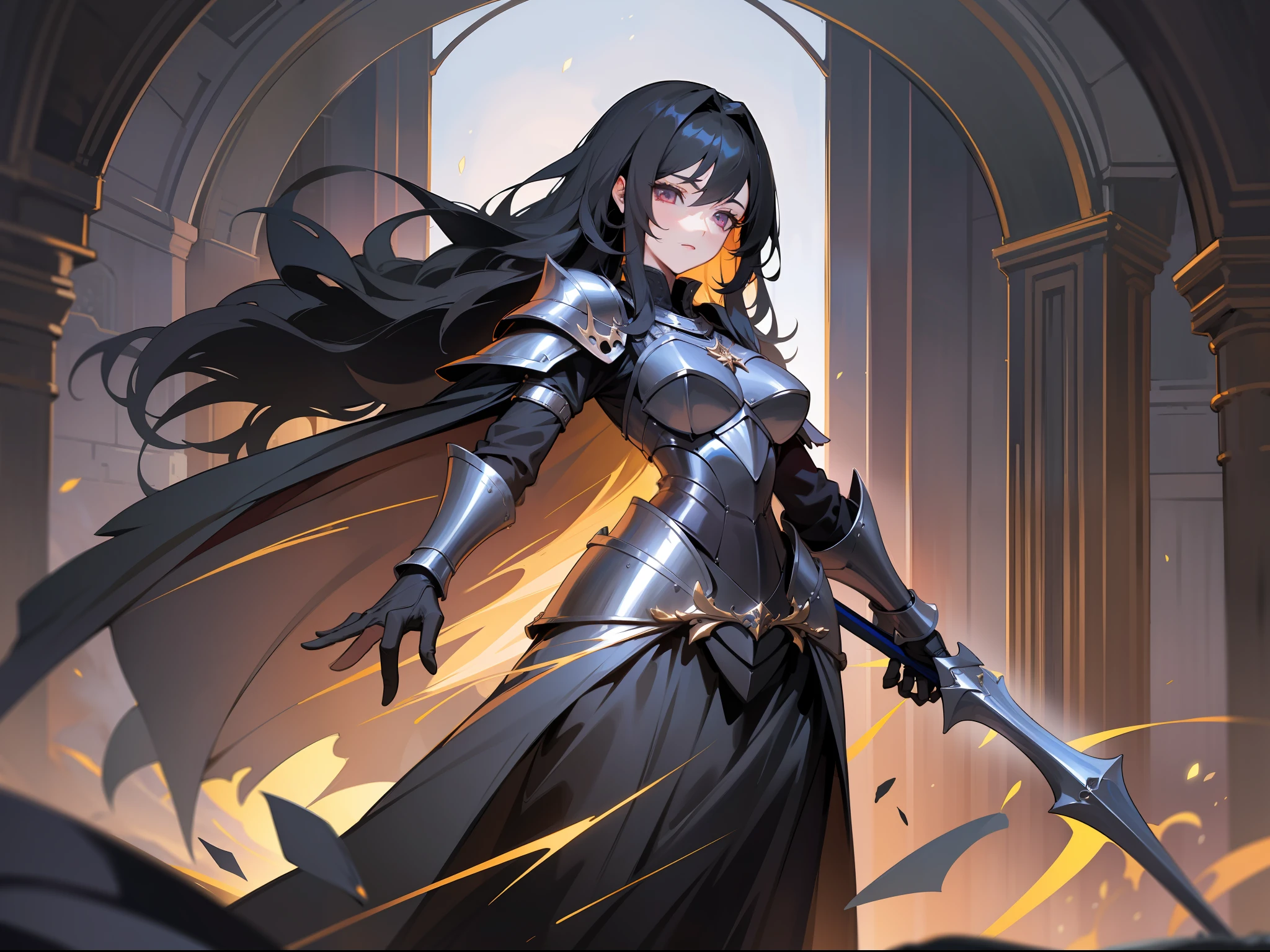 masterpiece, best quality, mature woman, black knight, black armor, long black hair, dark eyes, black cape, full body, fantasy, medieval, night, dynamic pose, beautiful detailed glow.