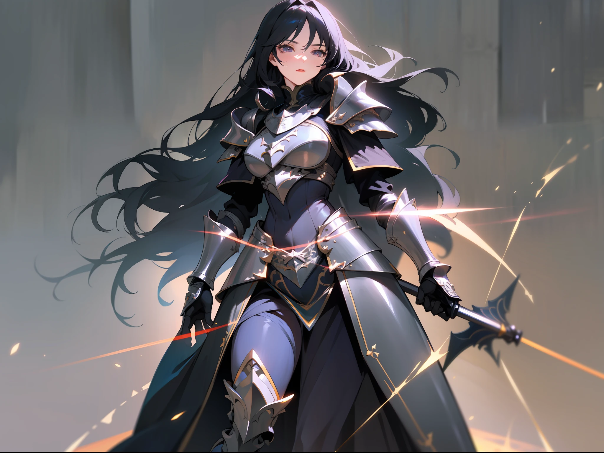 masterpiece, best quality, mature woman, black knight, black armor, long black hair, dark eyes, black cape, large shoulder pads, breastplate, thigh height shin guards, full body, fantasy, medieval, night, dynamic pose, beautiful detailed glow.